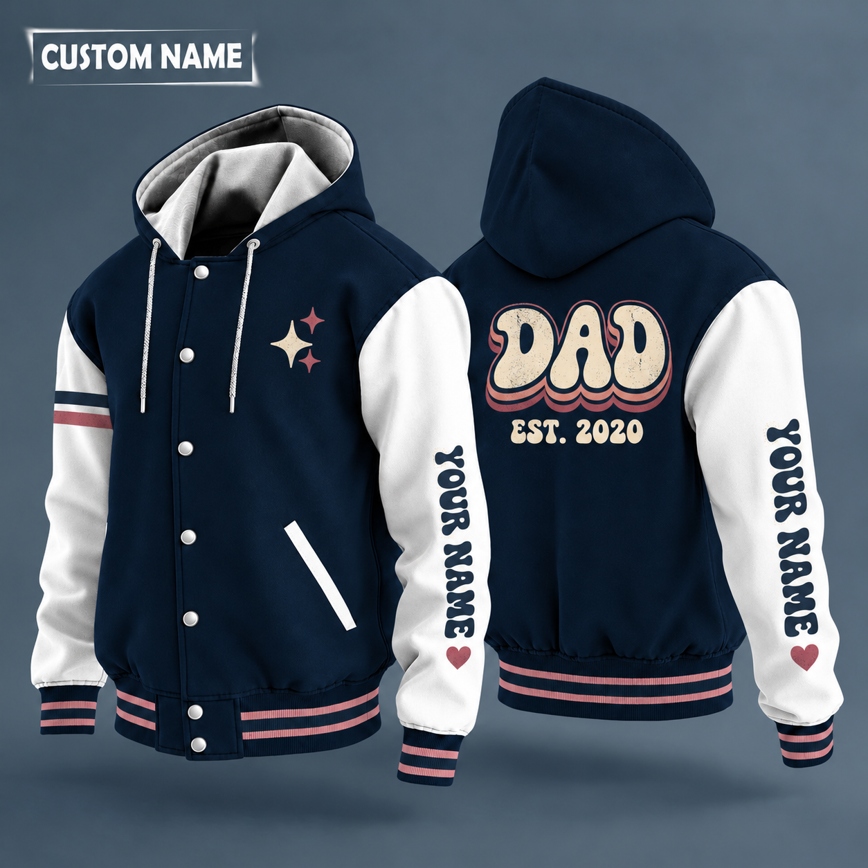 Hooded letterman jacket with white sleeves, heart on the back, "DAD" lettering and a custom name down one sleeve in a retro font