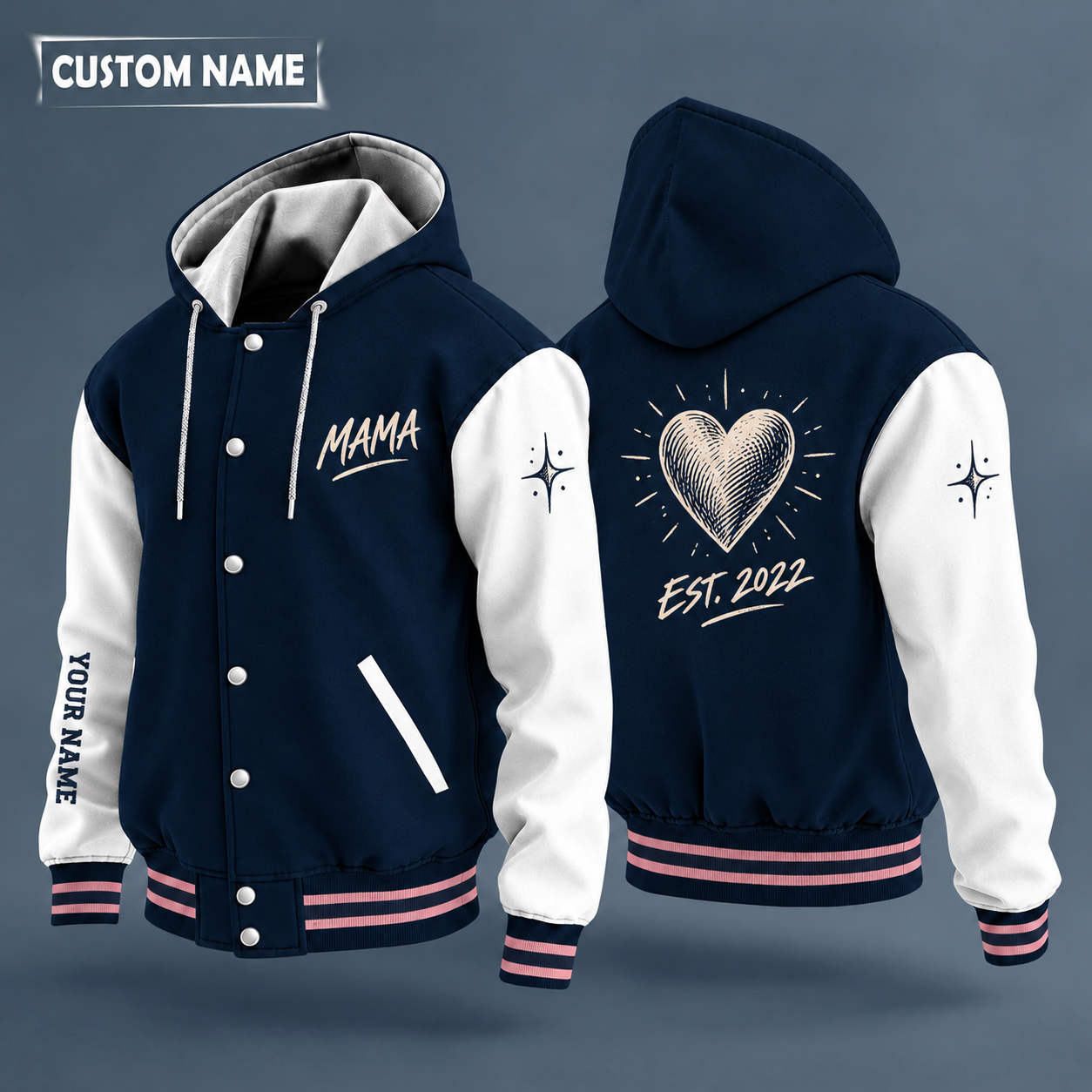 Hooded letterman jacket with white sleeves, heart on the back, "MAMA" lettering and a custom name down one sleeve