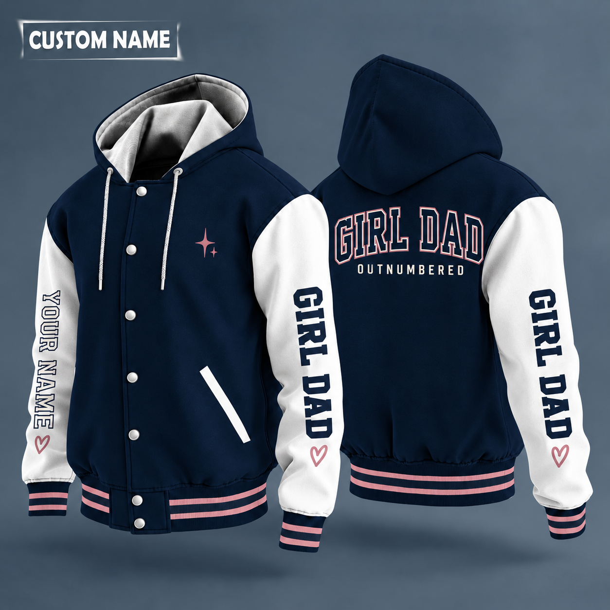 Hooded letterman jacket with white sleeves, heart on the back, "GIRL DAD" lettering and a custom name down one sleeve in outlined capitals