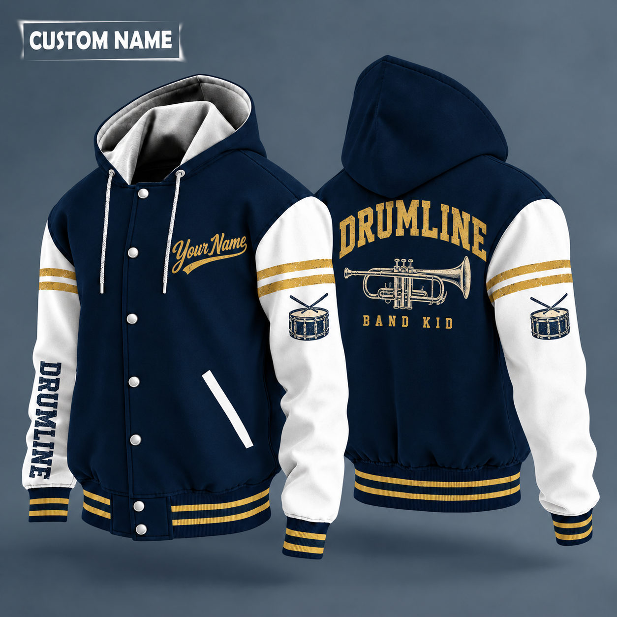 Hooded letterman jacket with white sleeves, trumpet on the back, "DRUMLINE" lettering and a custom name in script on the chest