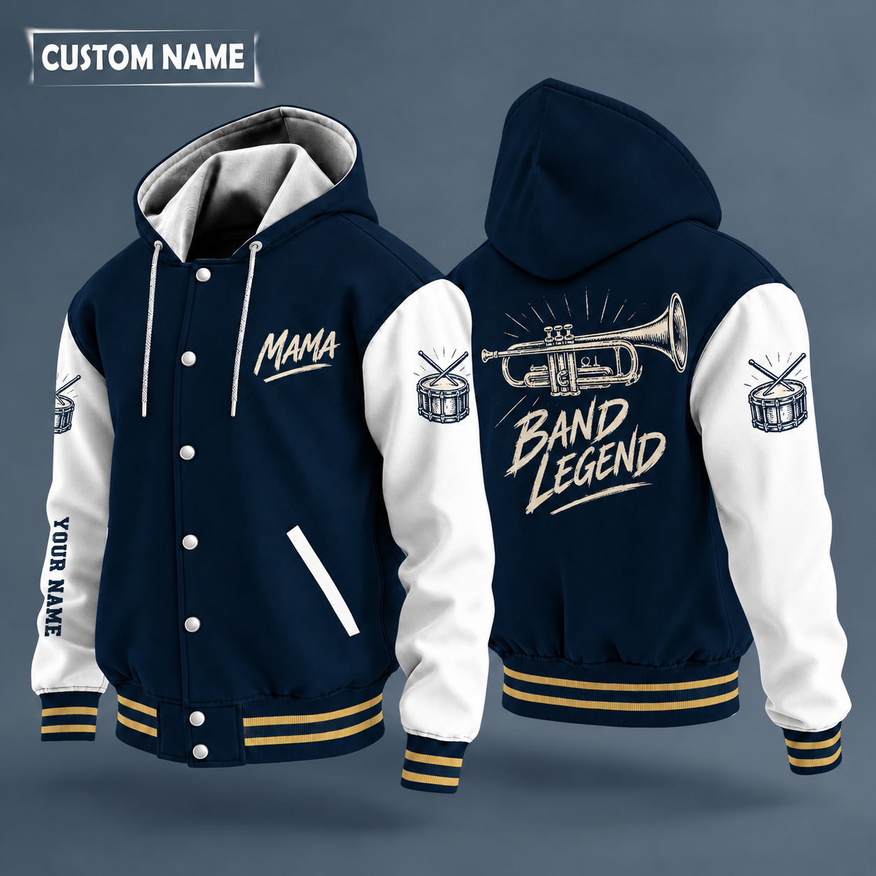 Hooded letterman jacket with white sleeves, trumpet on the back, "MAMA" lettering and a custom name down one sleeve