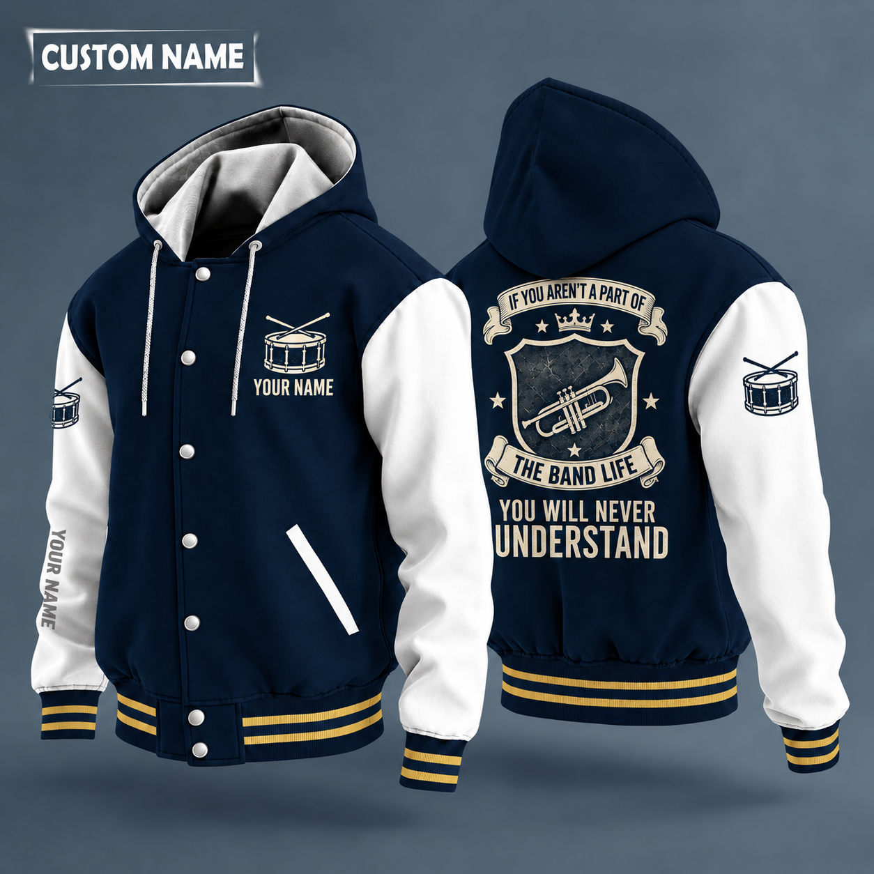 Hooded letterman jacket with white sleeves, trumpet on the back, "DRUMLINE" lettering and a custom name on the chest under a small icon