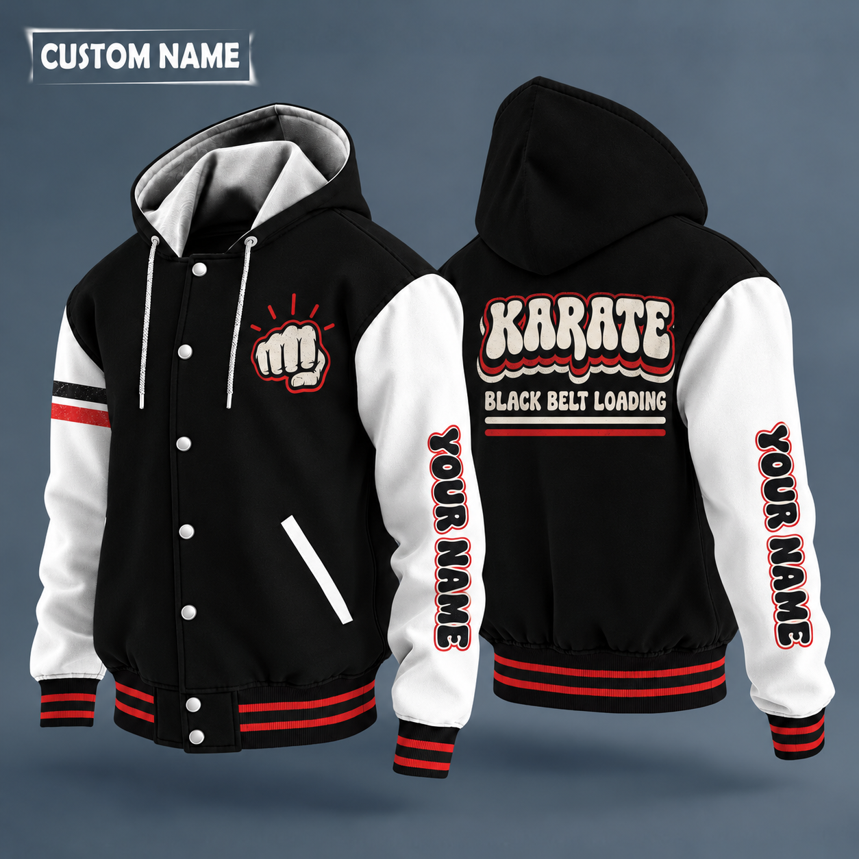 Hooded letterman jacket with white sleeves, tied belt knot on the back, "KARATE" lettering and a custom name down one sleeve in a retro font