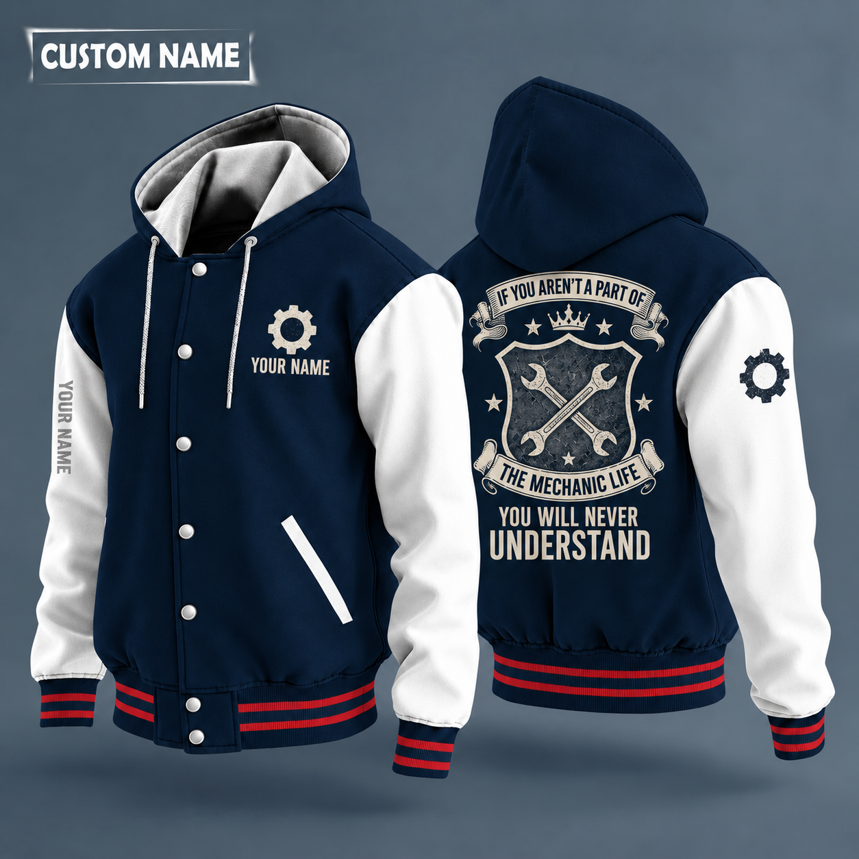 Hooded letterman jacket with white sleeves, crossed wrenches on the back, "MECHANIC" lettering and a custom name on the chest under a small icon