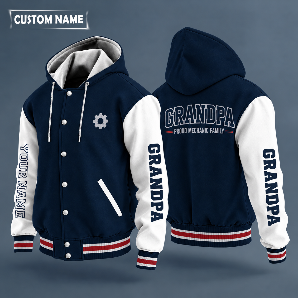 Hooded letterman jacket with white sleeves, crossed wrenches on the back, "GRANDPA" lettering and a custom name down one sleeve in outlined capitals