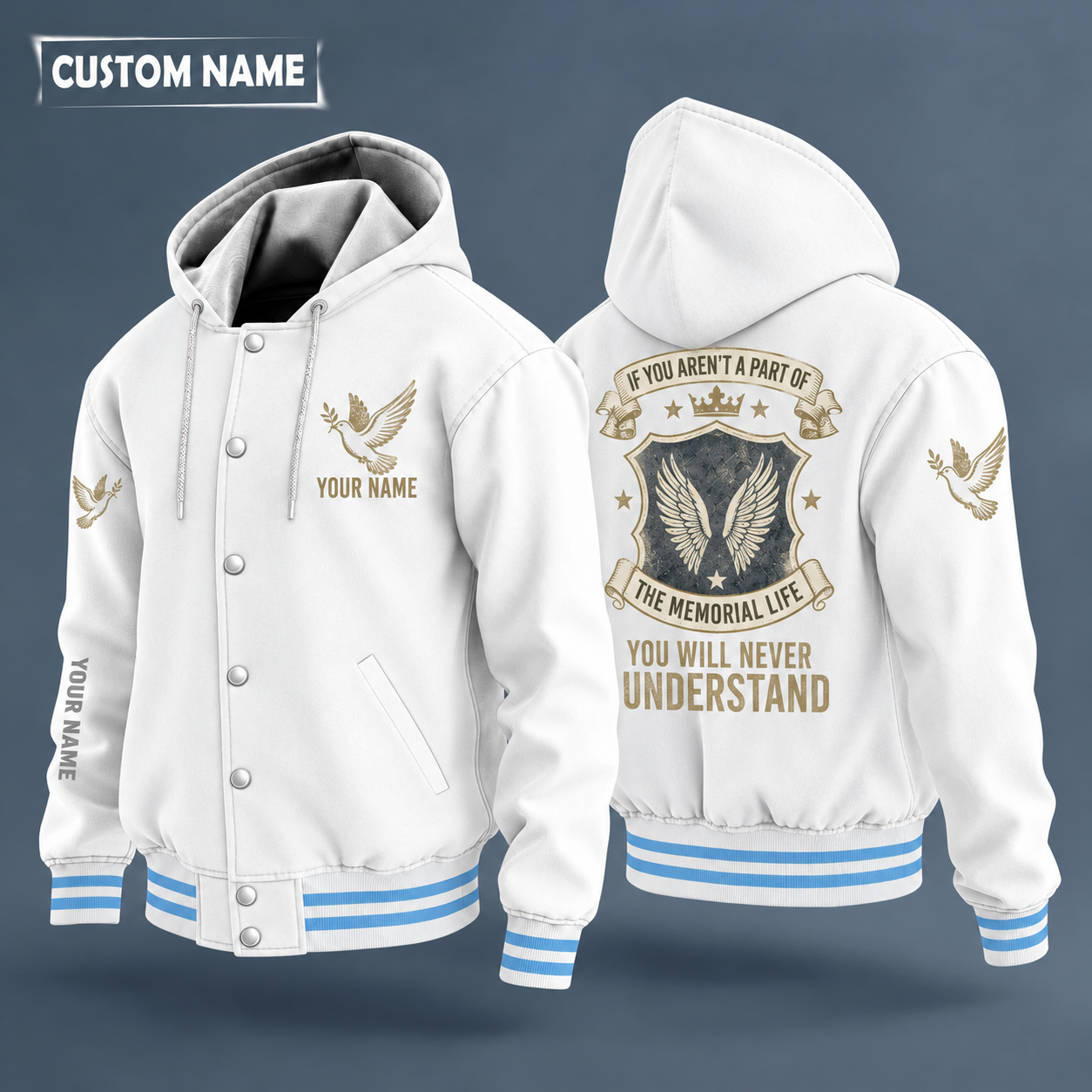 Hooded letterman jacket with white sleeves, angel wings on the back, "MEMORY" lettering and a custom name on the chest under a small icon