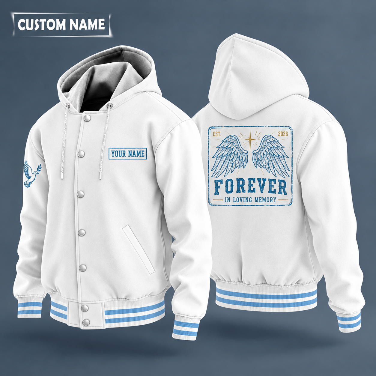 Hooded letterman jacket with white sleeves, angel wings on the back, "FOREVER" lettering and a custom name on a work-shirt style name tag print on the chest