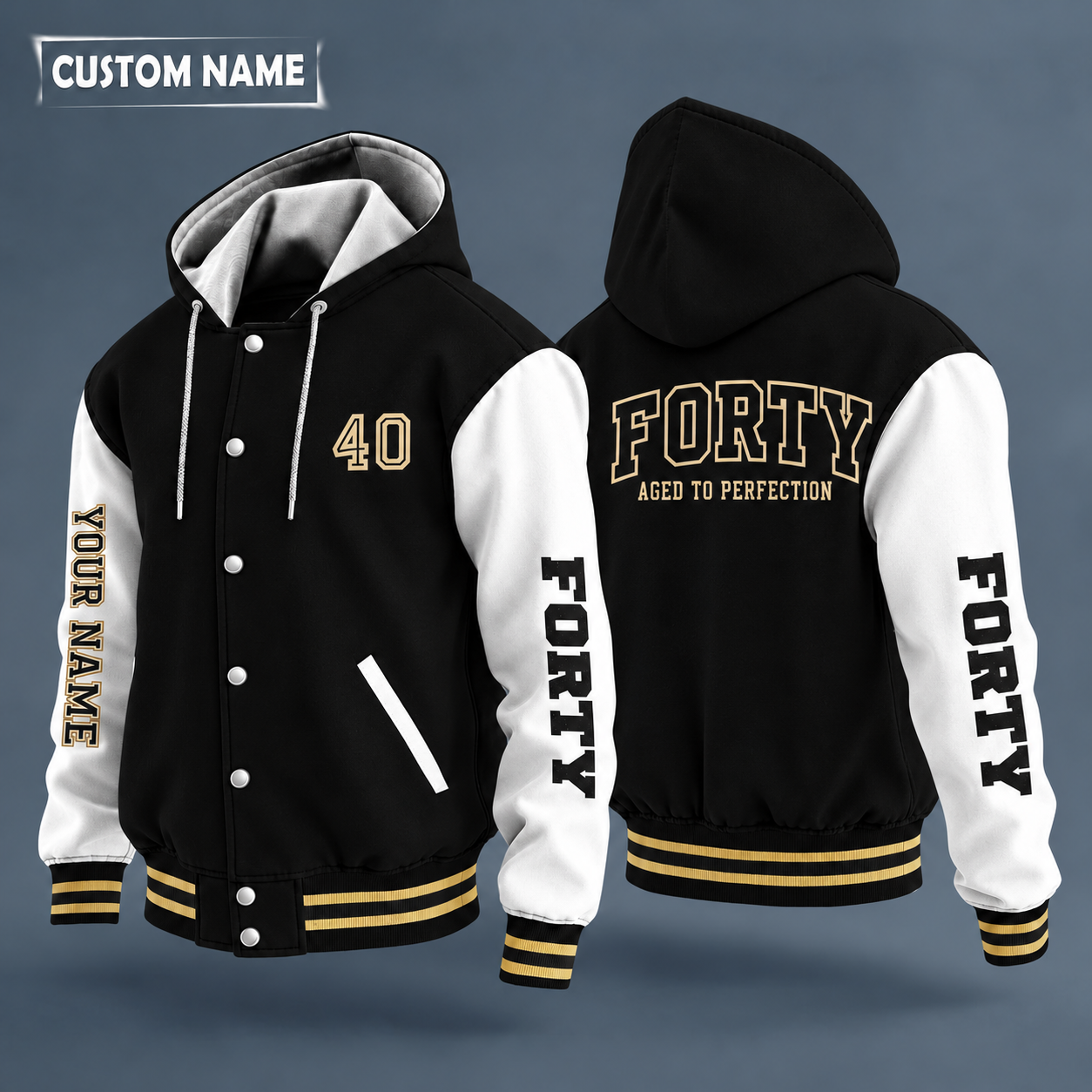 Hooded letterman jacket with white sleeves, vintage badge stars on the back, "FORTY" lettering and a custom name down one sleeve in outlined capitals