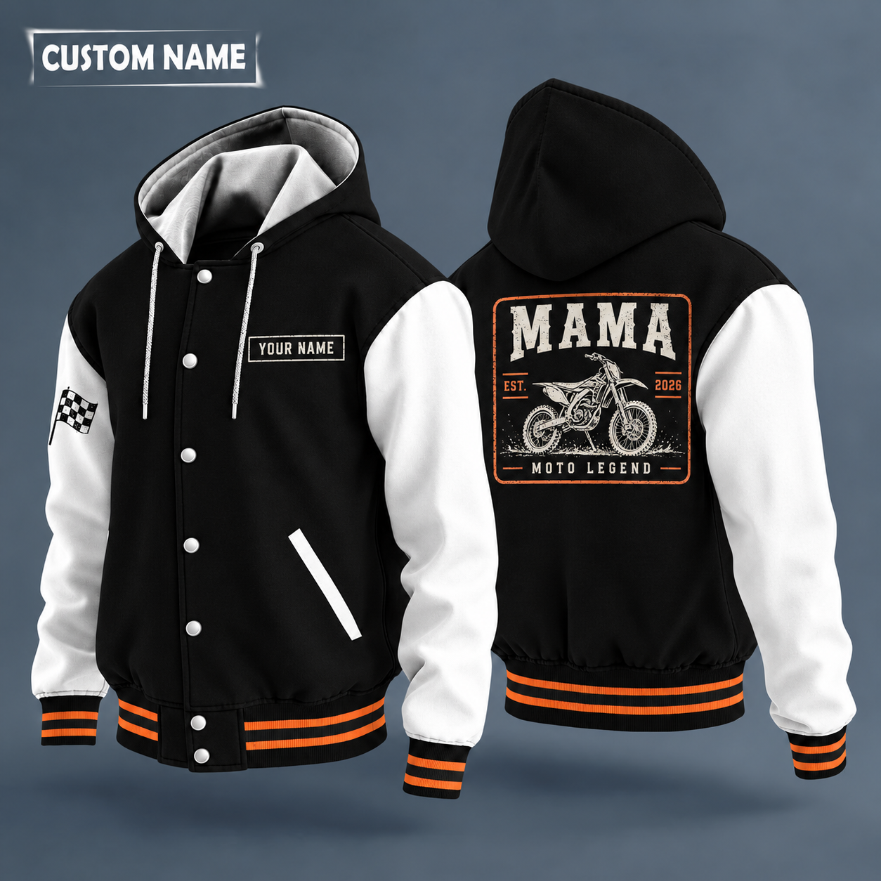 Hooded letterman jacket with white sleeves, dirt bike on the back, "MAMA" lettering and a custom name on a work-shirt style name tag print on the chest