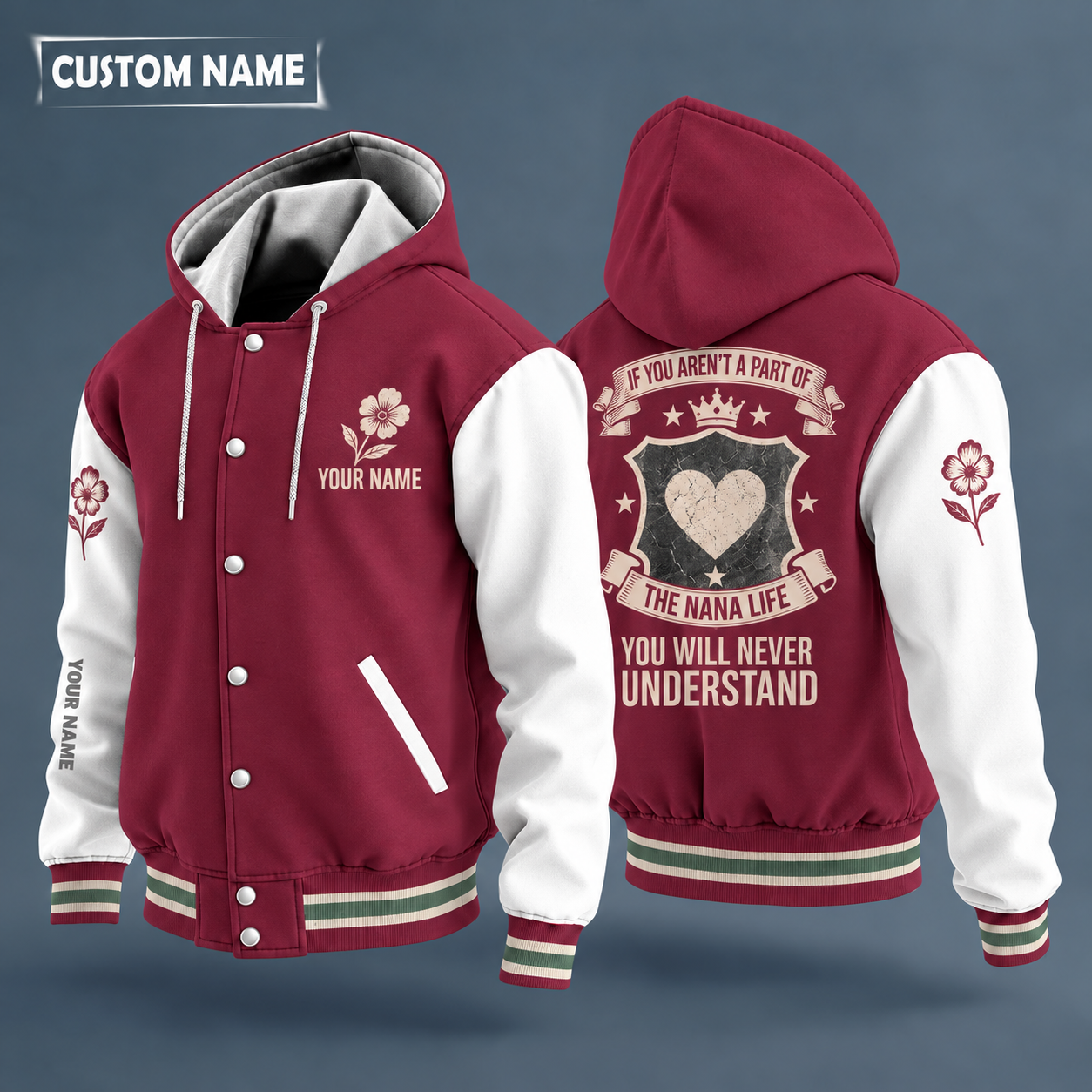 Hooded letterman jacket with white sleeves, heart on the back, "NANA" lettering and a custom name on the chest under a small icon