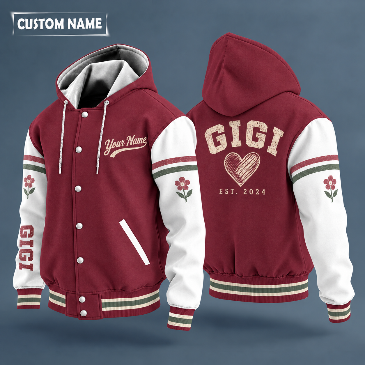 Hooded letterman jacket with white sleeves, heart on the back, "GIGI" lettering and a custom name in script on the chest