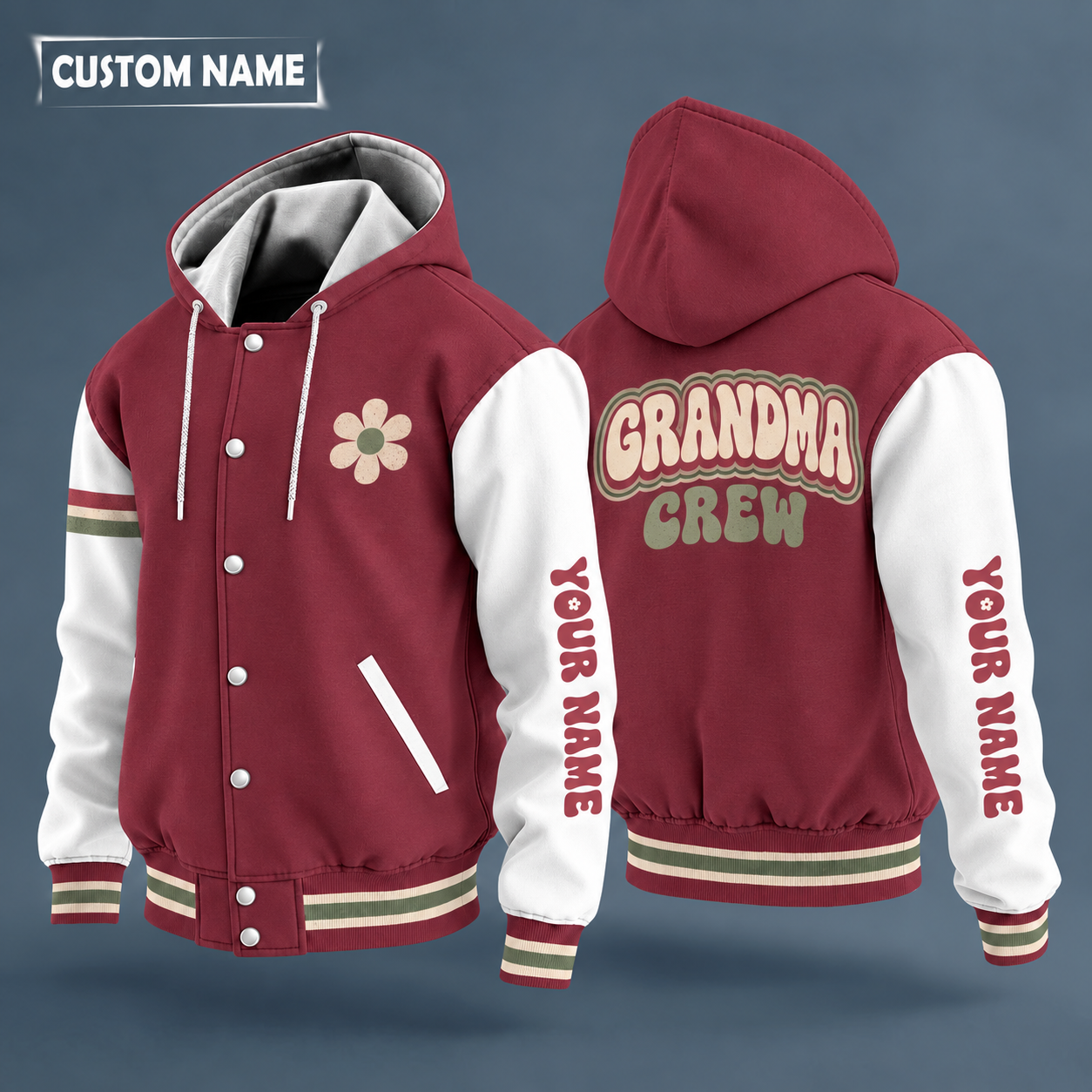Hooded letterman jacket with white sleeves, heart on the back, "GRANDMA" lettering and a custom name down one sleeve in a retro font