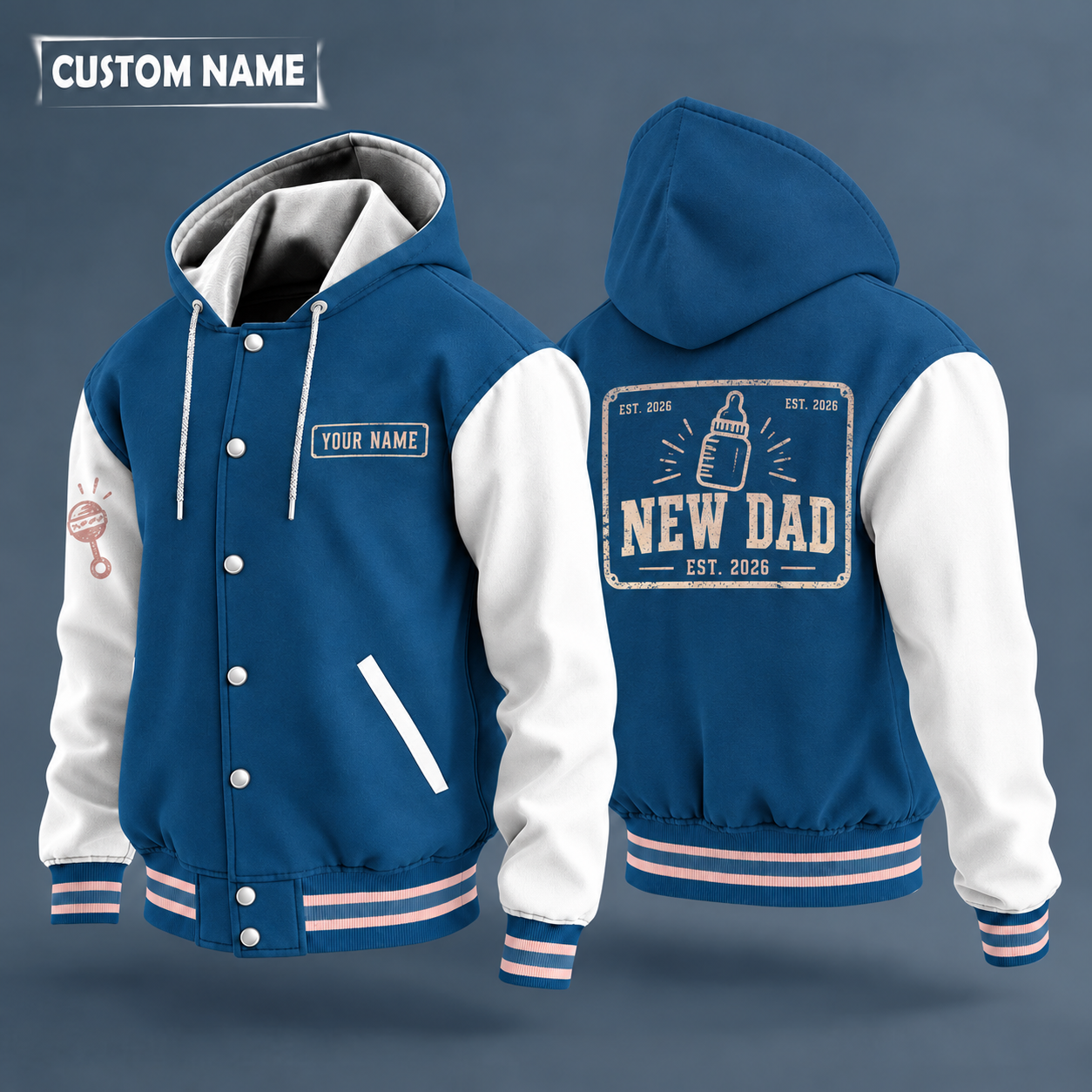 Hooded letterman jacket with white sleeves, baby bottle on the back, "NEW DAD" lettering and a custom name on a work-shirt style name tag print on the chest