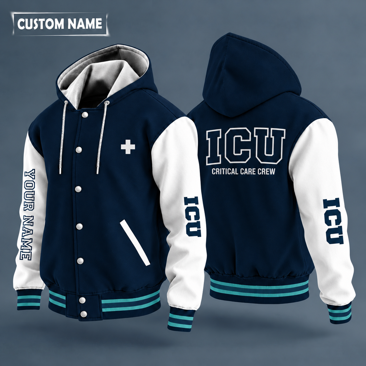 Hooded letterman jacket with white sleeves, stethoscope heart on the back, "ICU" lettering and a custom name down one sleeve in outlined capitals