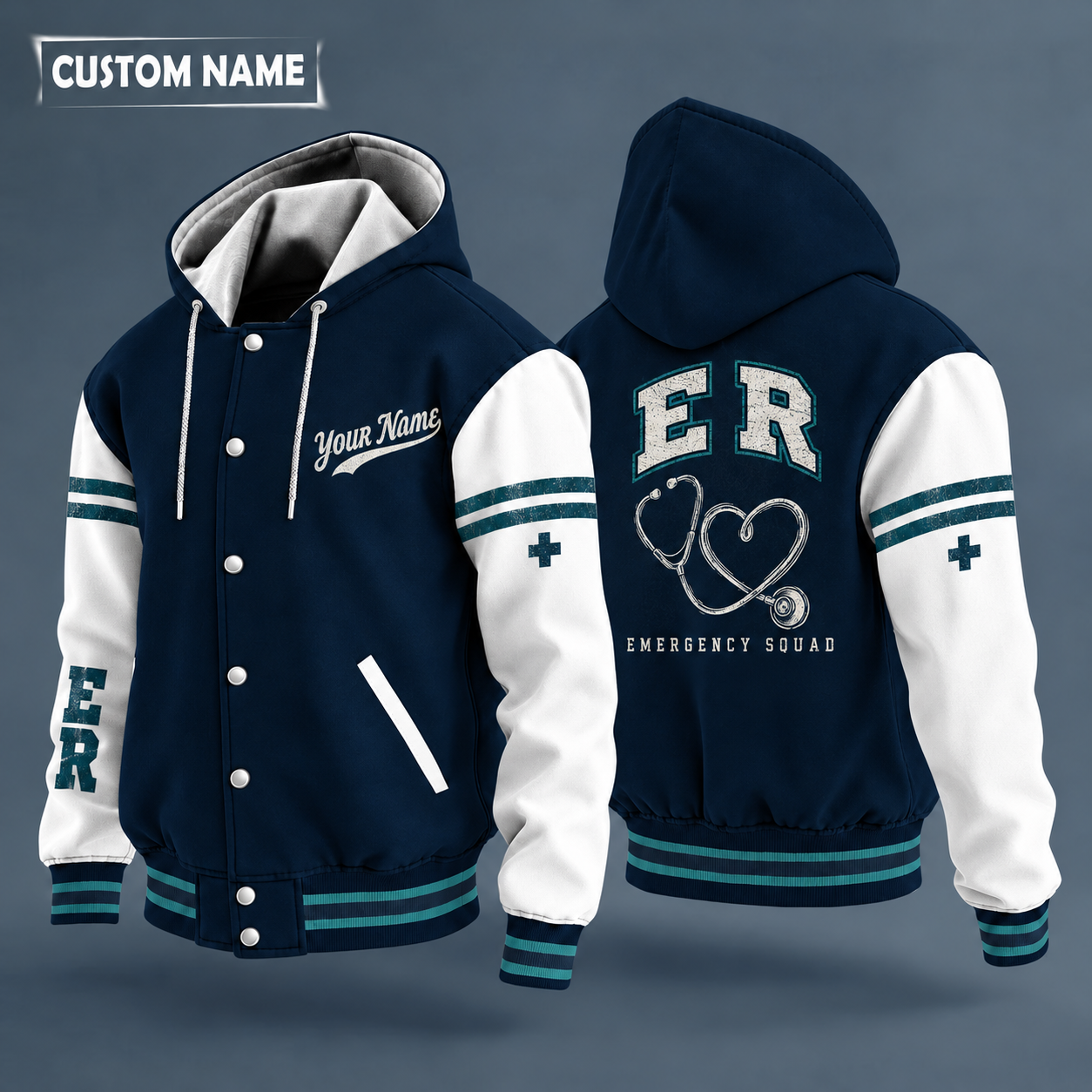 Hooded letterman jacket with white sleeves, stethoscope heart on the back, "ER" lettering and a custom name in script on the chest