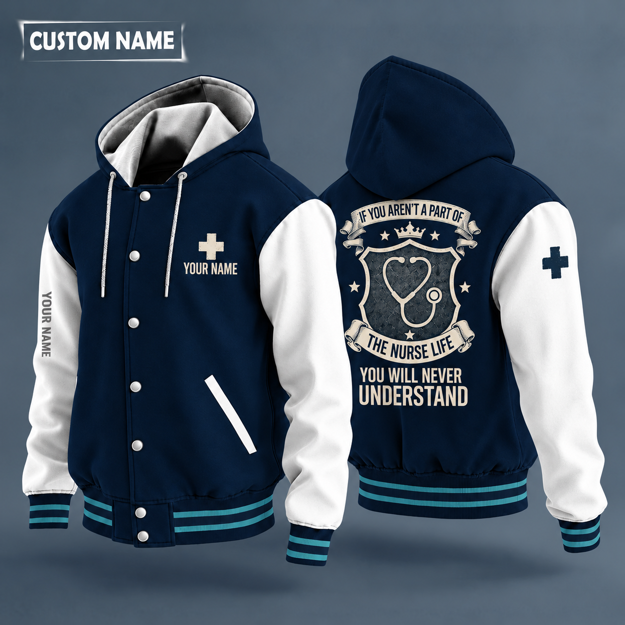 Hooded letterman jacket with white sleeves, stethoscope heart on the back, "RN" lettering and a custom name on the chest under a small icon