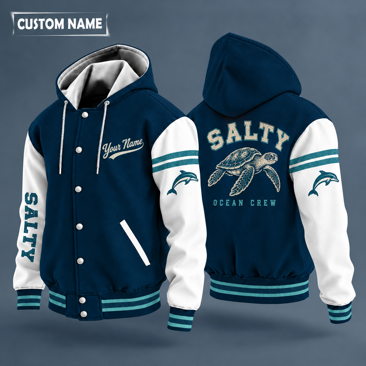 Hooded letterman jacket with white sleeves, sea turtle on the back, "SALTY" lettering and a custom name in script on the chest