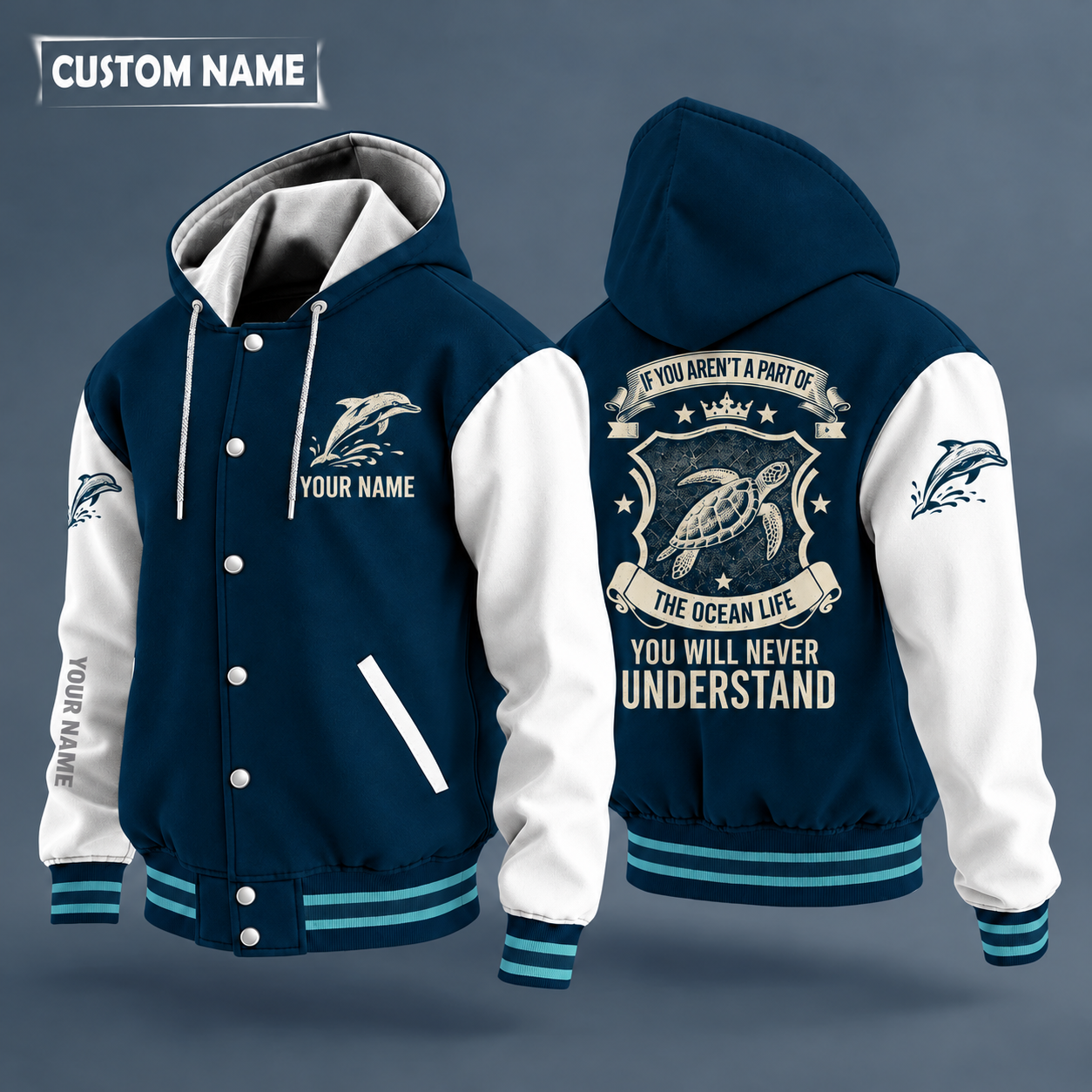 Hooded letterman jacket with white sleeves, sea turtle on the back, "TURTLE" lettering and a custom name on the chest under a small icon
