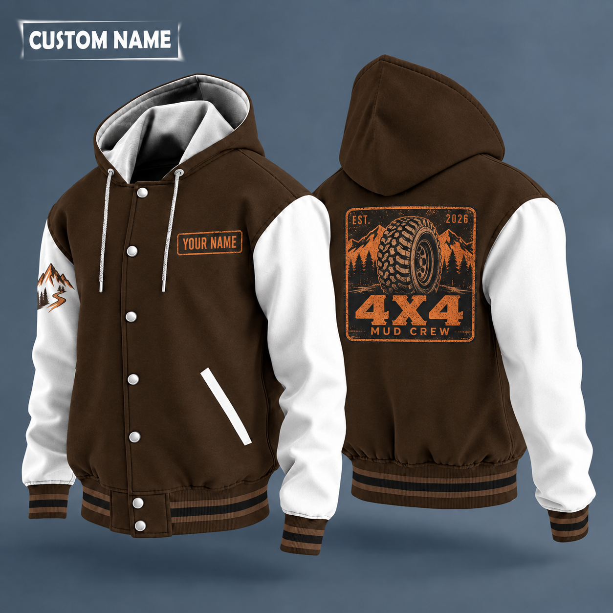Hooded letterman jacket with white sleeves, off-road tire on the back, "4X4" lettering and a custom name on a work-shirt style name tag print on the chest