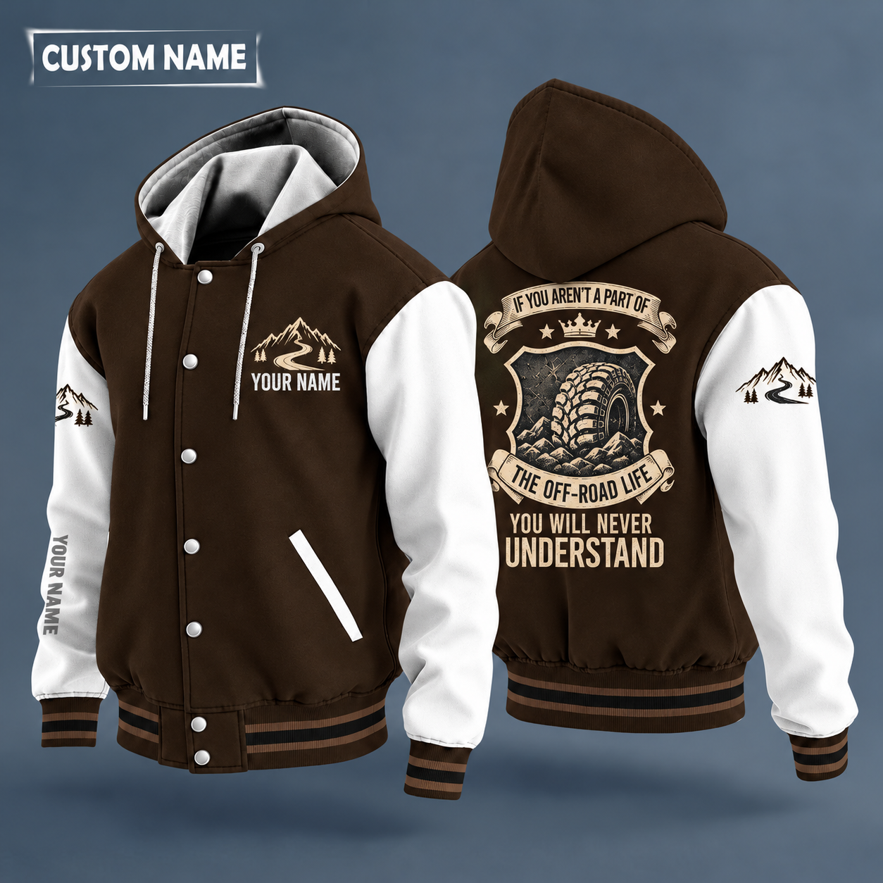 Hooded letterman jacket with white sleeves, off-road tire on the back, "GIGI" lettering and a custom name on the chest under a small icon