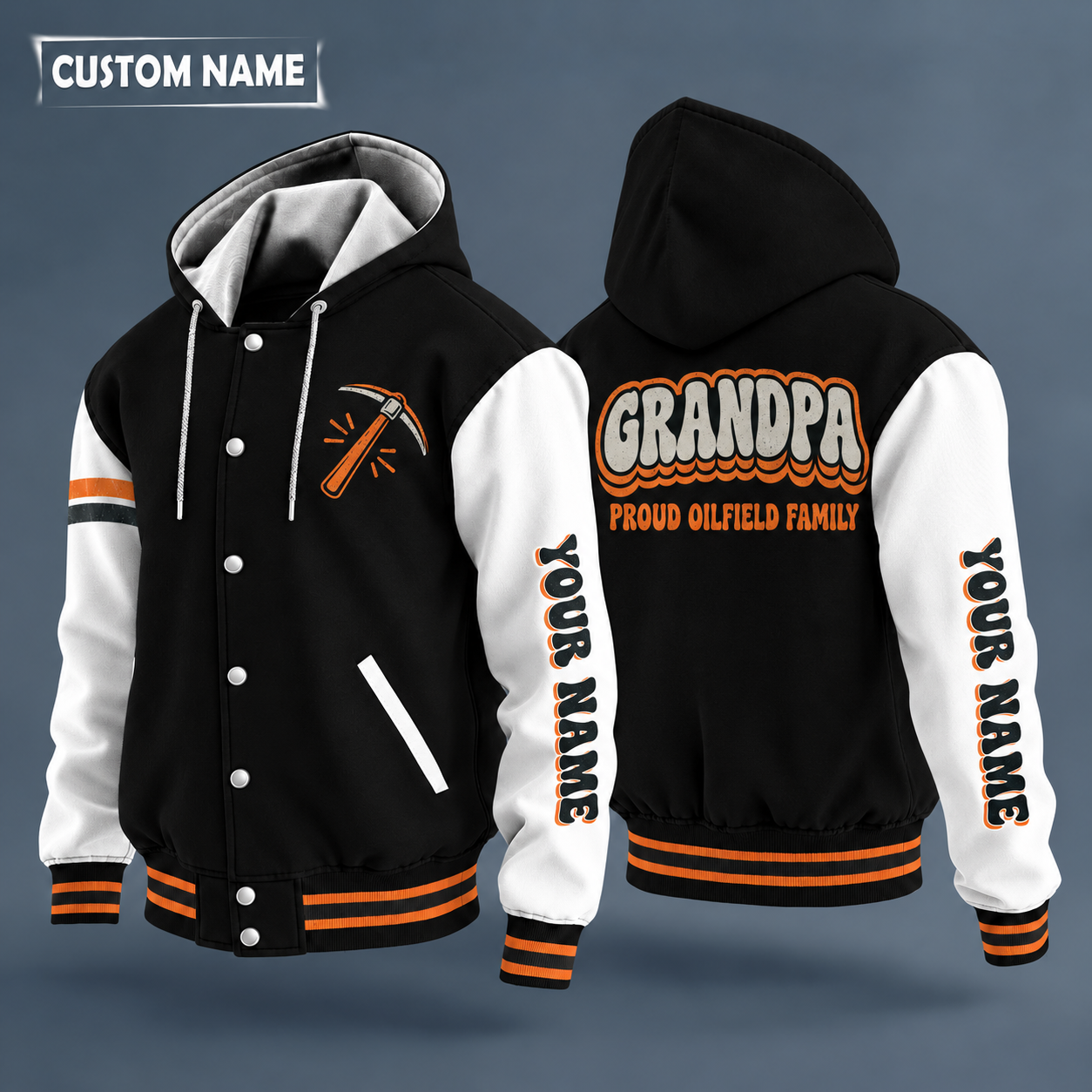 Hooded letterman jacket with white sleeves, oil derrick on the back, "GRANDPA" lettering and a custom name down one sleeve in a retro font