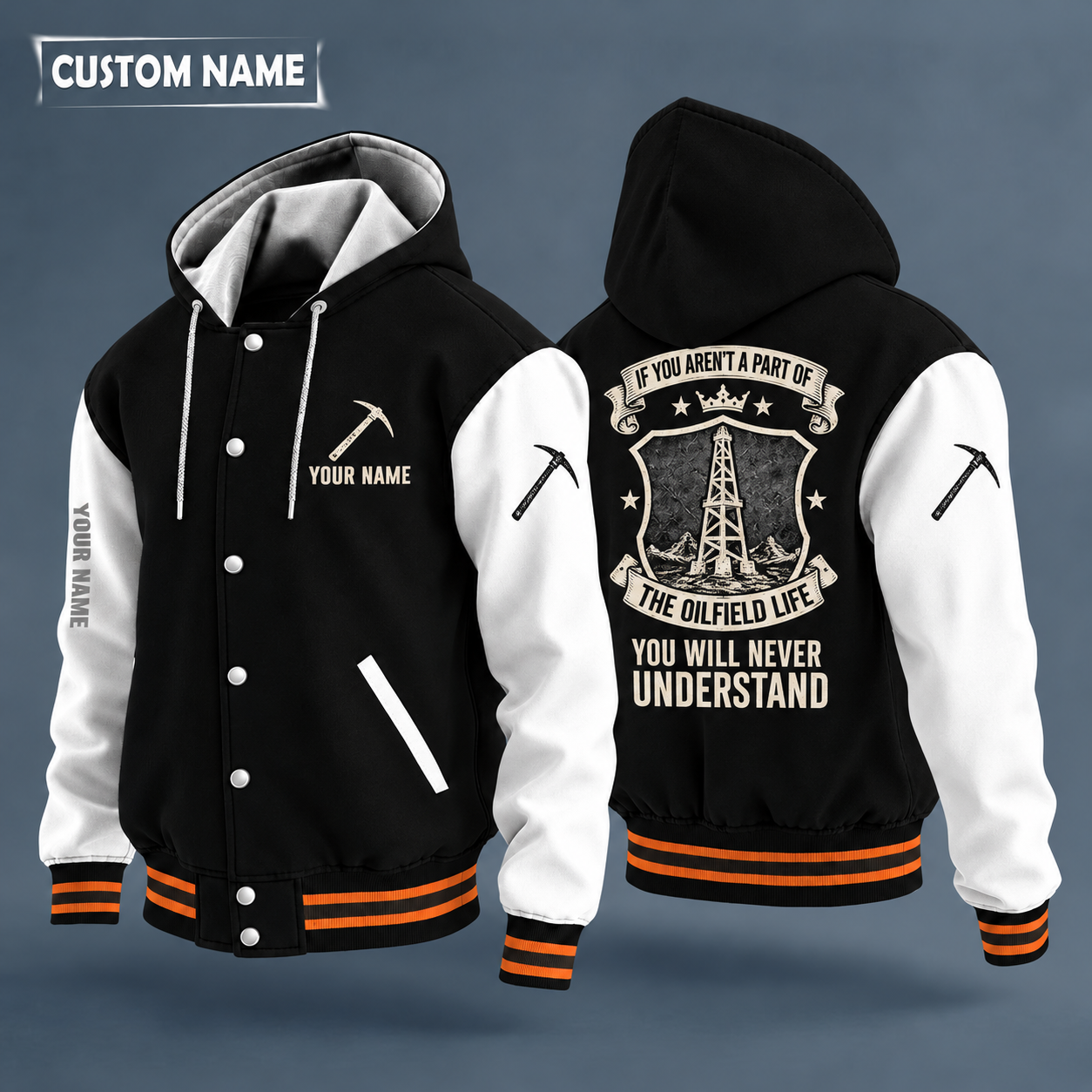 Hooded letterman jacket with white sleeves, oil derrick on the back, "OILFIELD" lettering and a custom name on the chest under a small icon