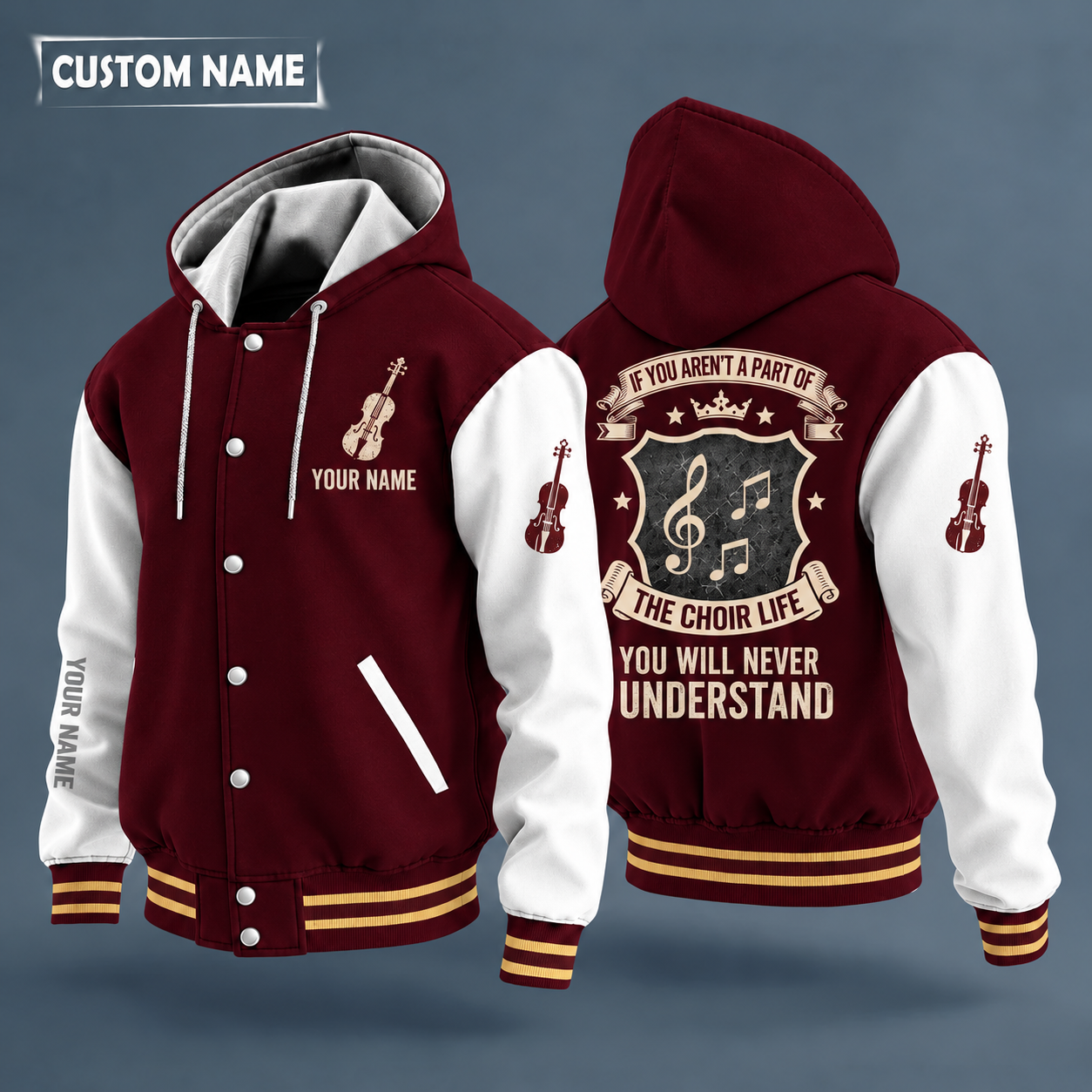 Hooded letterman jacket with white sleeves, music notes on the back, "CHOIR" lettering and a custom name on the chest under a small icon