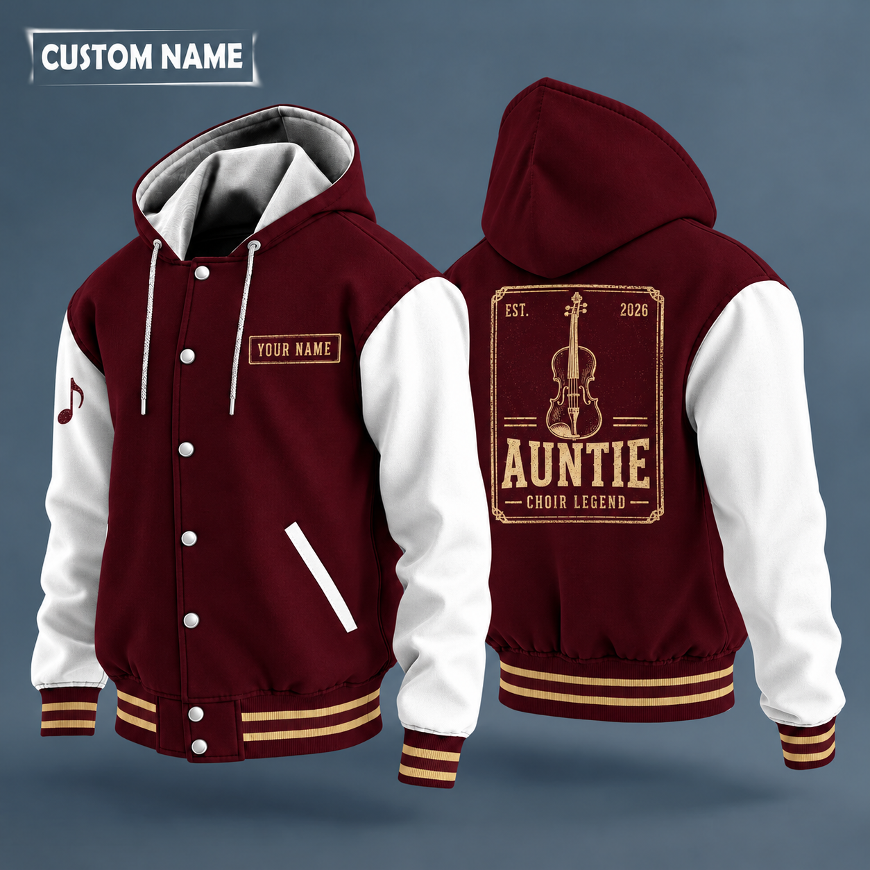 Hooded letterman jacket with white sleeves, violin on the back, "AUNTIE" lettering and a custom name on a work-shirt style name tag print on the chest