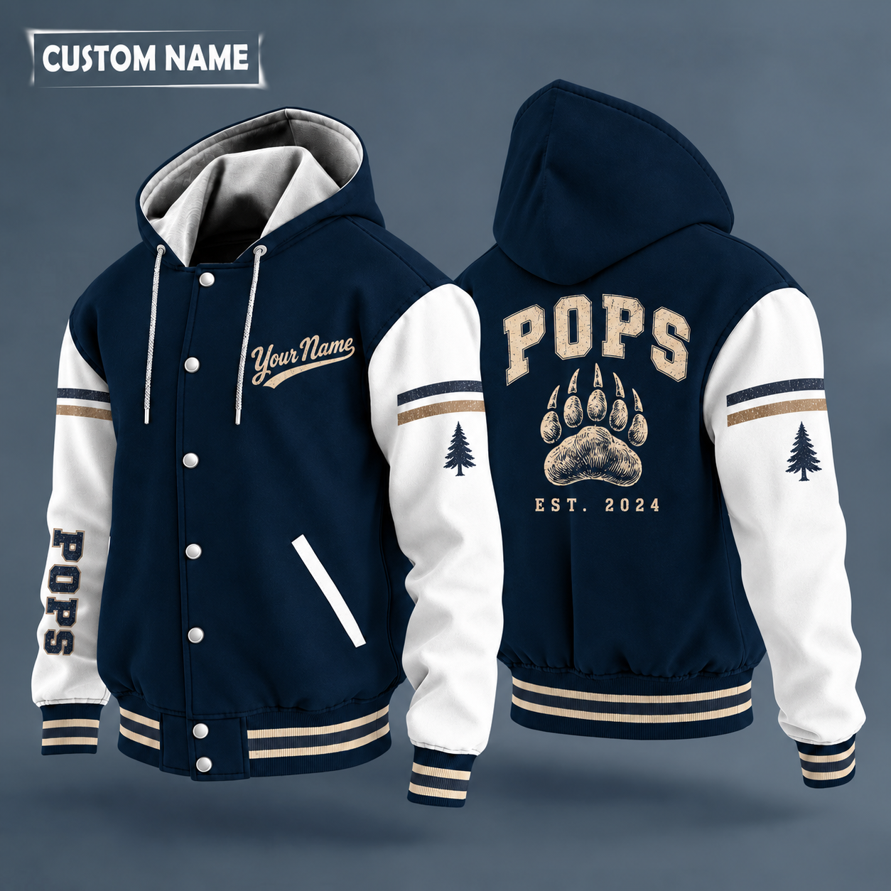 Hooded letterman jacket with white sleeves, bear paw on the back, "POPS" lettering and a custom name in script on the chest