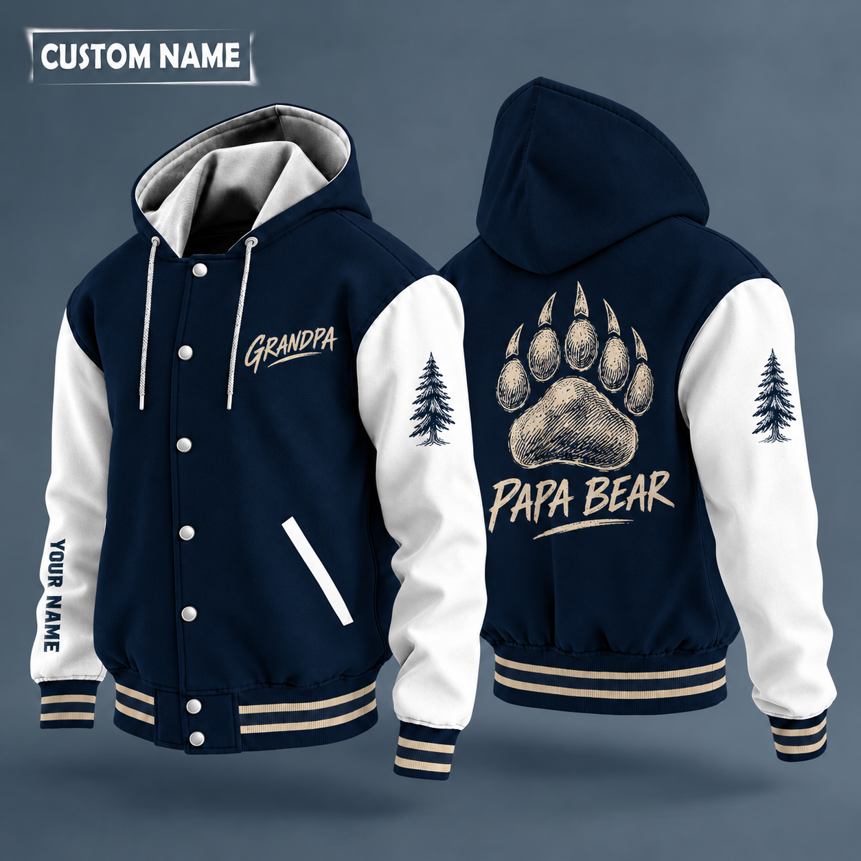 Hooded letterman jacket with white sleeves, bear paw on the back, "GRANDPA" lettering and a custom name down one sleeve