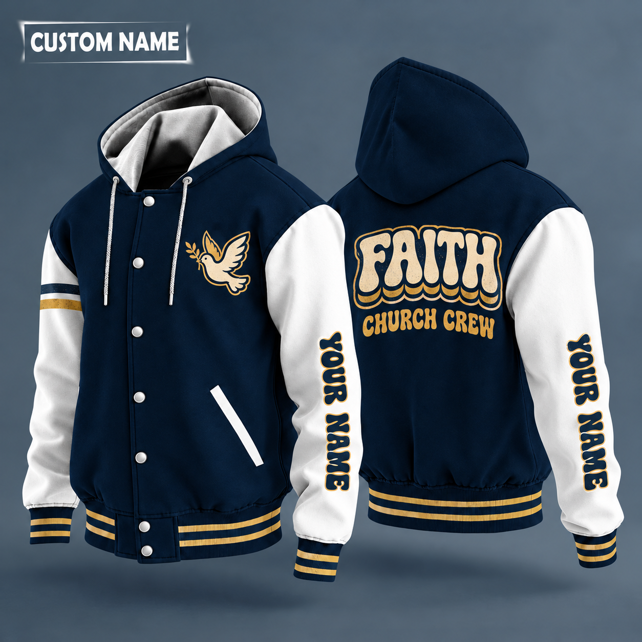Hooded letterman jacket with white sleeves, simple cross on the back, "FAITH" lettering and a custom name down one sleeve in a retro font