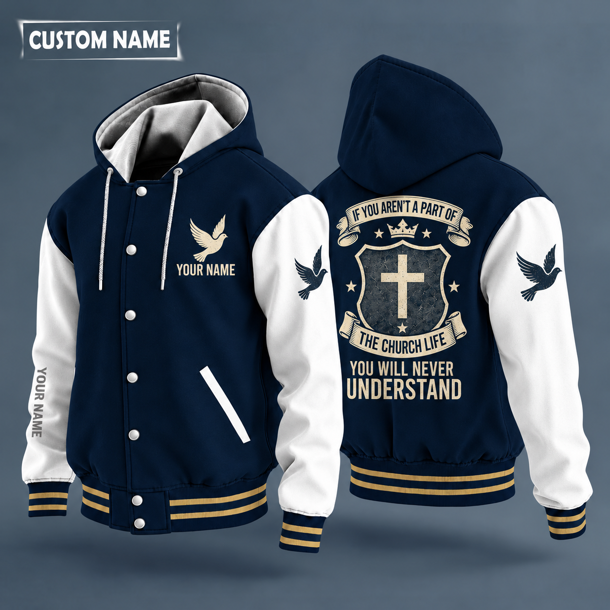 Hooded letterman jacket with white sleeves, simple cross on the back, "GRANDPA" lettering and a custom name on the chest under a small icon