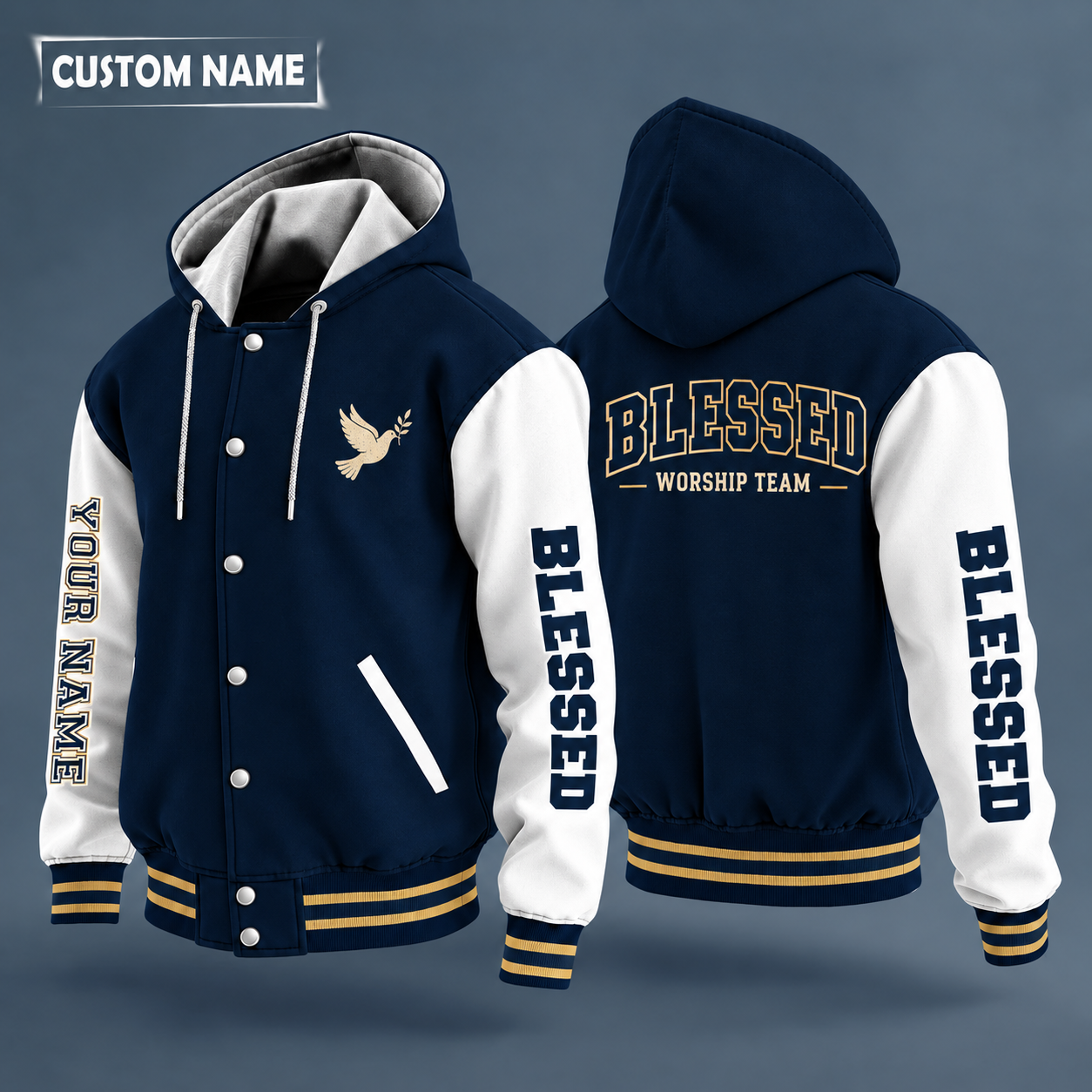 Hooded letterman jacket with white sleeves, simple cross on the back, "BLESSED" lettering and a custom name down one sleeve in outlined capitals