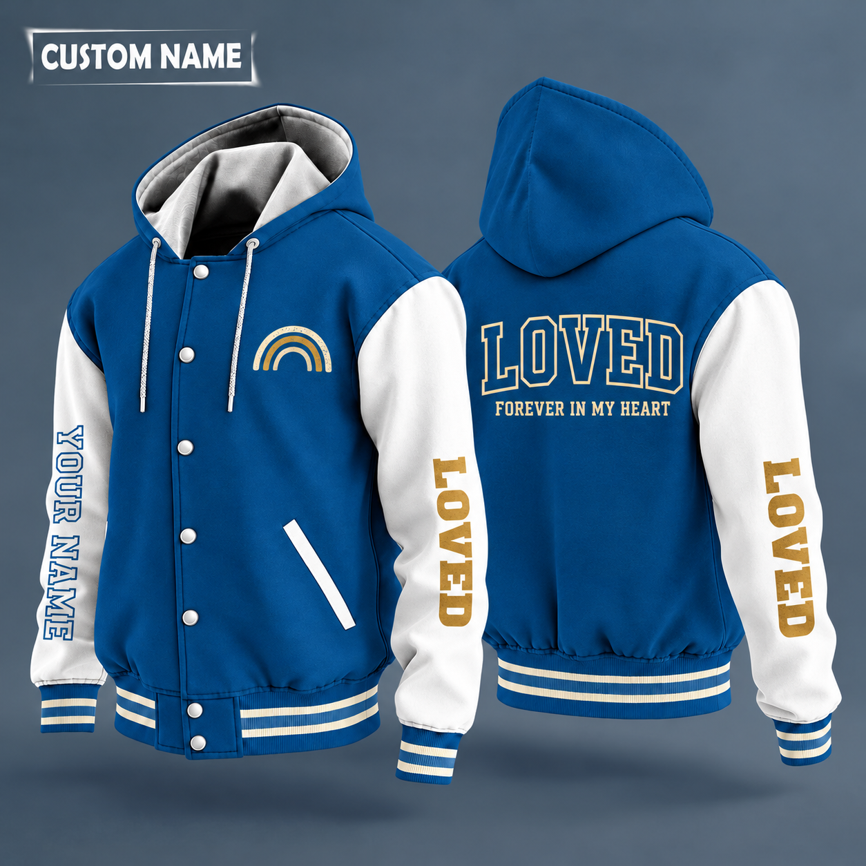 Hooded letterman jacket with white sleeves, angel wings with paw print on the back, "LOVED" lettering and a custom name down one sleeve in outlined capitals