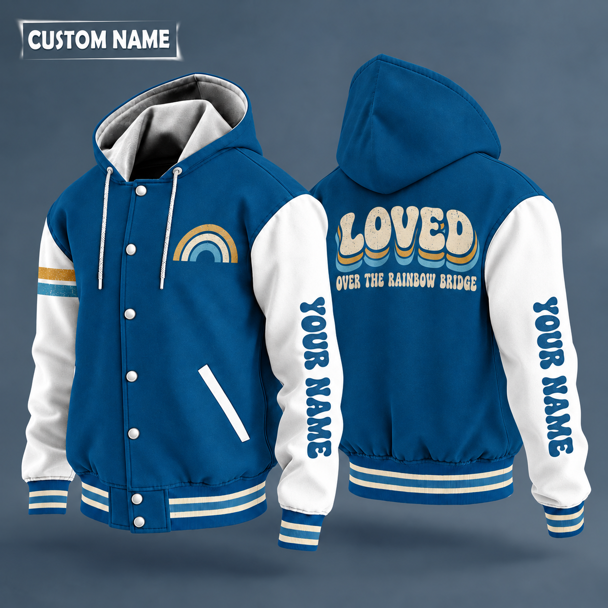 Hooded letterman jacket with white sleeves, angel wings with paw print on the back, "LOVED" lettering and a custom name down one sleeve in a retro font