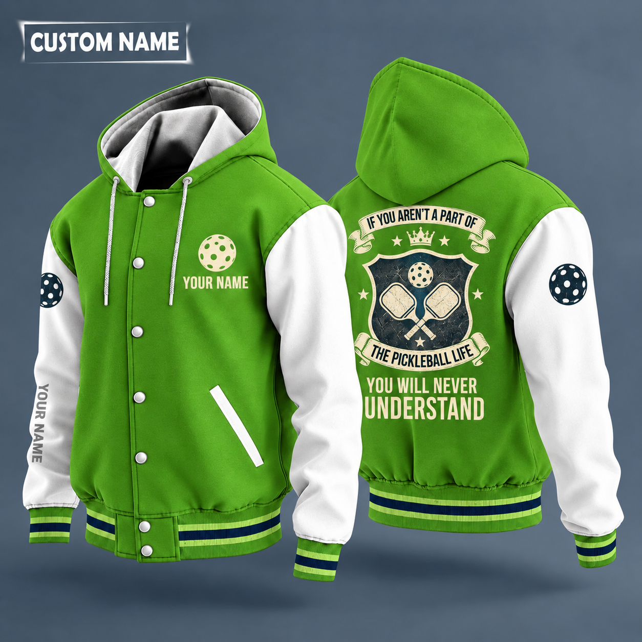 Hooded letterman jacket with white sleeves, crossed pickleball paddles on the back, "MOM" lettering and a custom name on the chest under a small icon