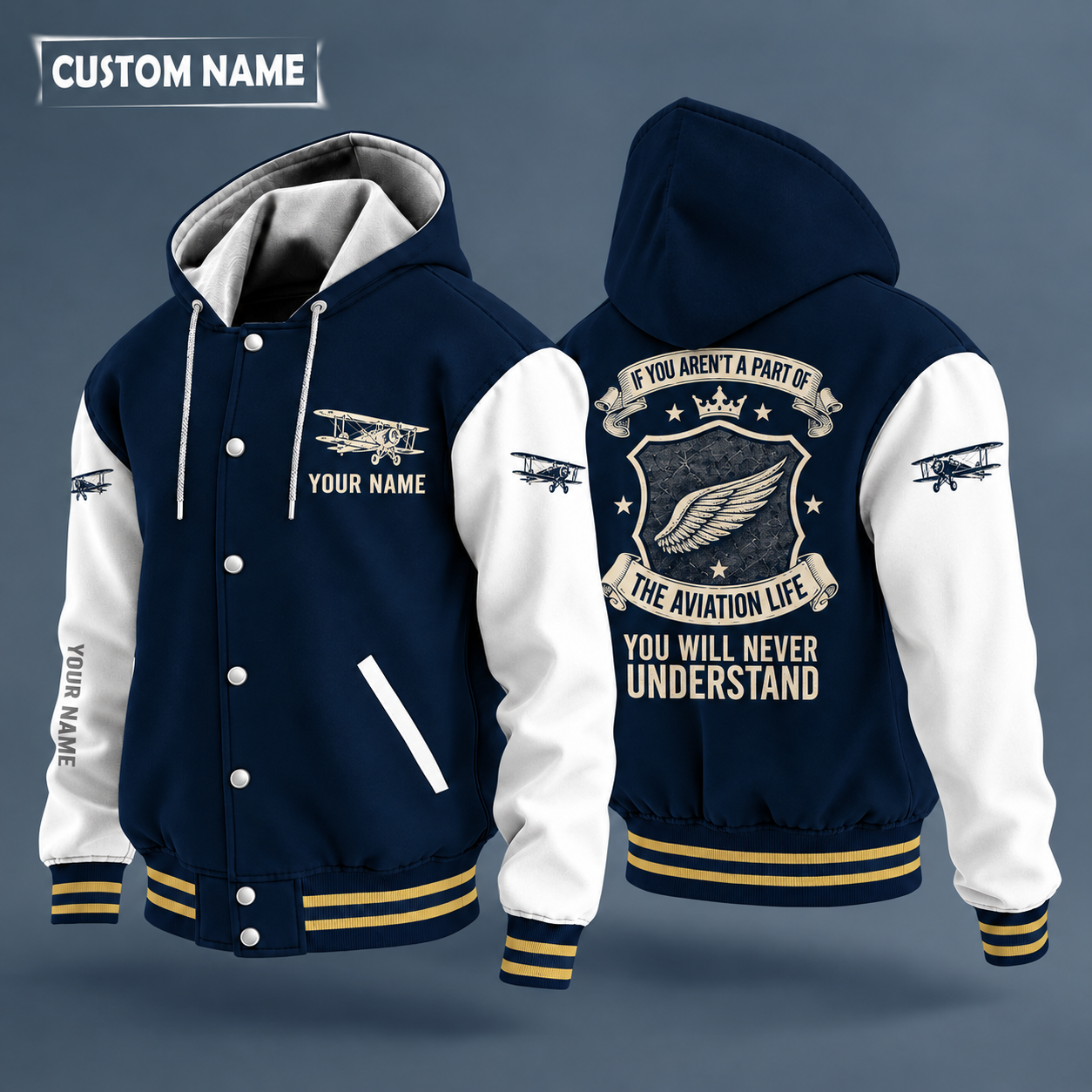 Hooded letterman jacket with white sleeves, single feather-shaped wing pin (not a military insignia) on the back, "PAPA" lettering and a custom name on the chest under a small icon
