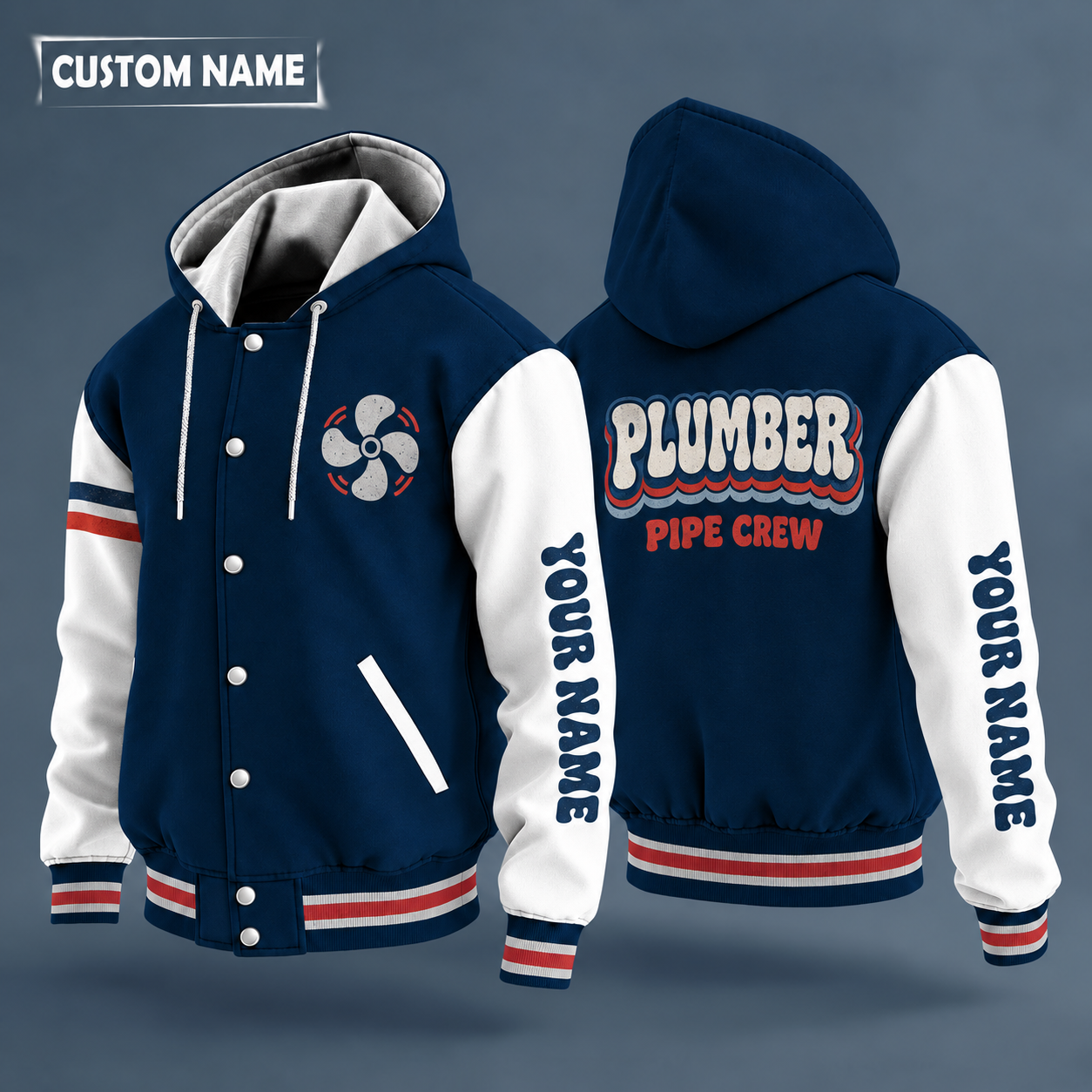 Hooded letterman jacket with white sleeves, pipe wrench on the back, "PLUMBER" lettering and a custom name down one sleeve in a retro font