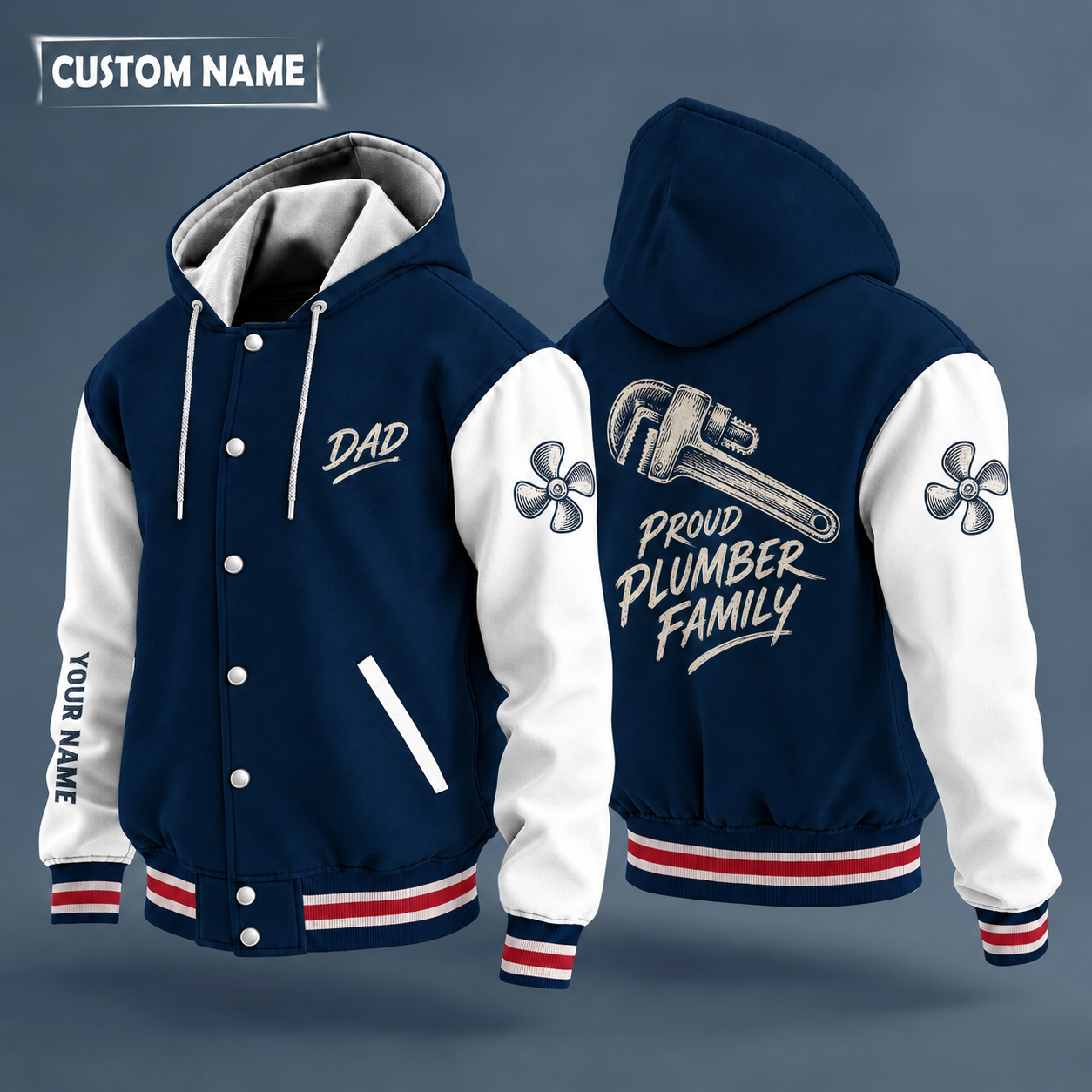 Hooded letterman jacket with white sleeves, pipe wrench on the back, "DAD" lettering and a custom name down one sleeve