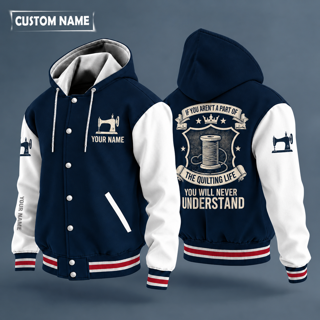Hooded letterman jacket with white sleeves, spool of thread on the back, "QUILT" lettering and a custom name on the chest under a small icon