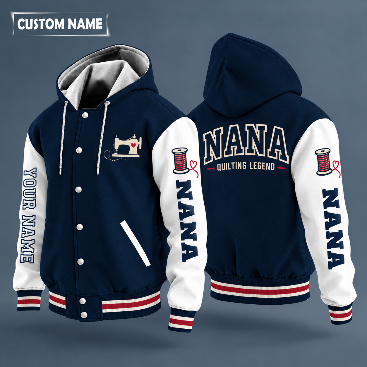 Hooded letterman jacket with white sleeves, spool of thread on the back, "NANA" lettering and a custom name down one sleeve in outlined capitals