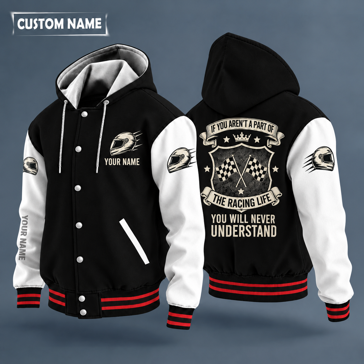Hooded letterman jacket with white sleeves, checkered flags on the back, "RACING" lettering and a custom name on the chest under a small icon