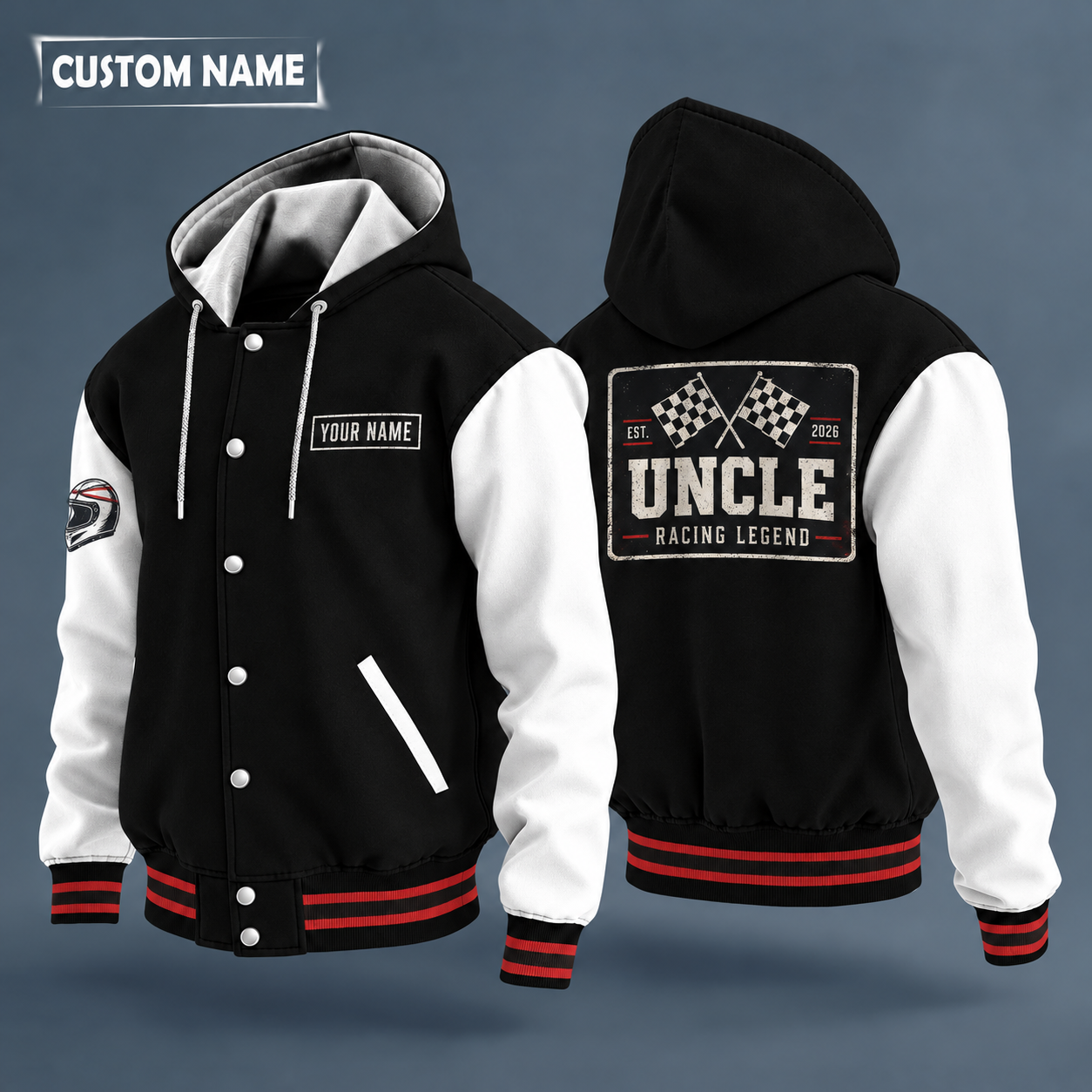 Hooded letterman jacket with white sleeves, checkered flags on the back, "UNCLE" lettering and a custom name on a work-shirt style name tag print on the chest