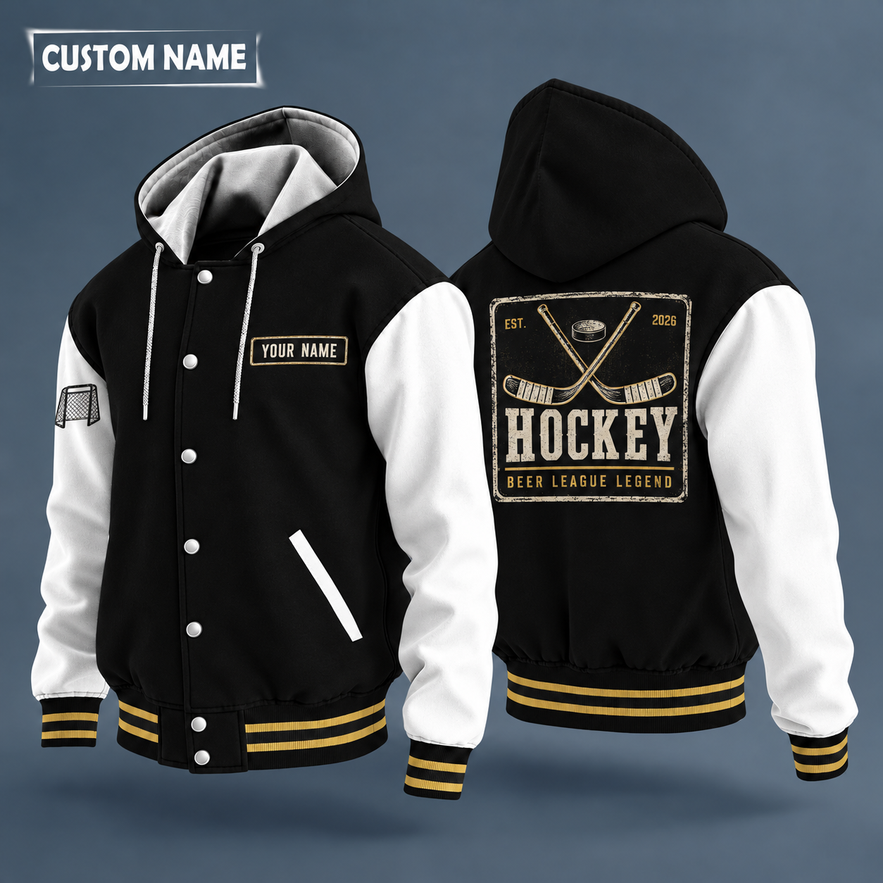 Hooded letterman jacket with white sleeves, puck and crossed hockey sticks with curved blades on the back, "HOCKEY" lettering and a custom name on a work-shirt style name tag print on the chest