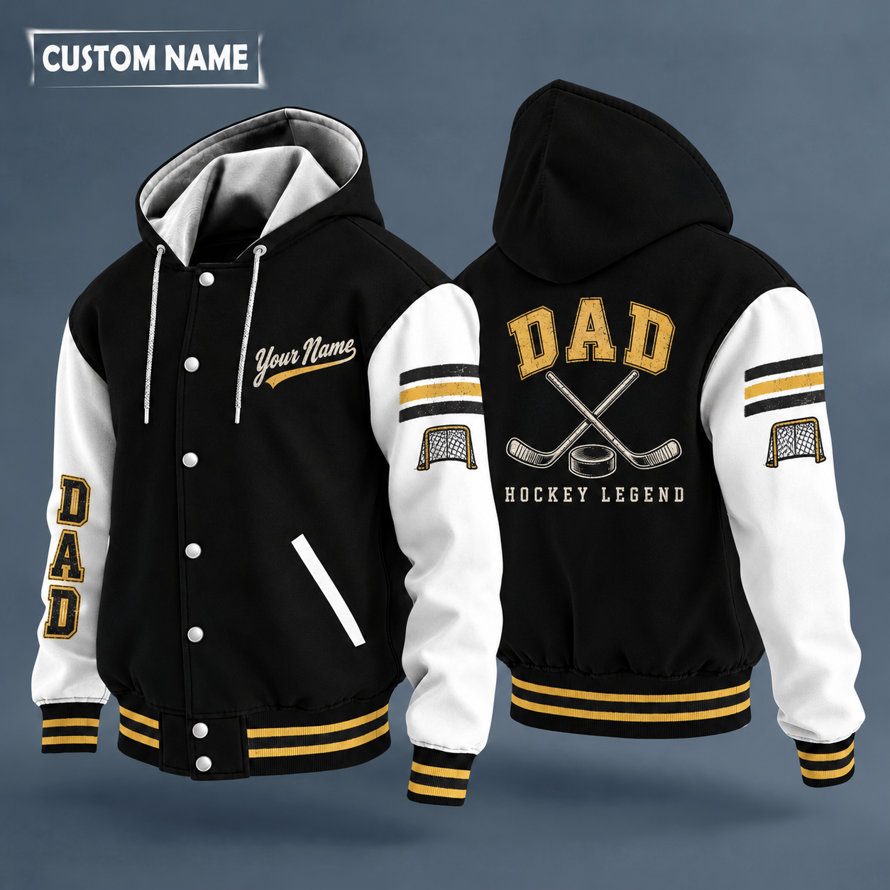 Hooded letterman jacket with white sleeves, puck and crossed hockey sticks with curved blades on the back, "DAD" lettering and a custom name in script on the chest