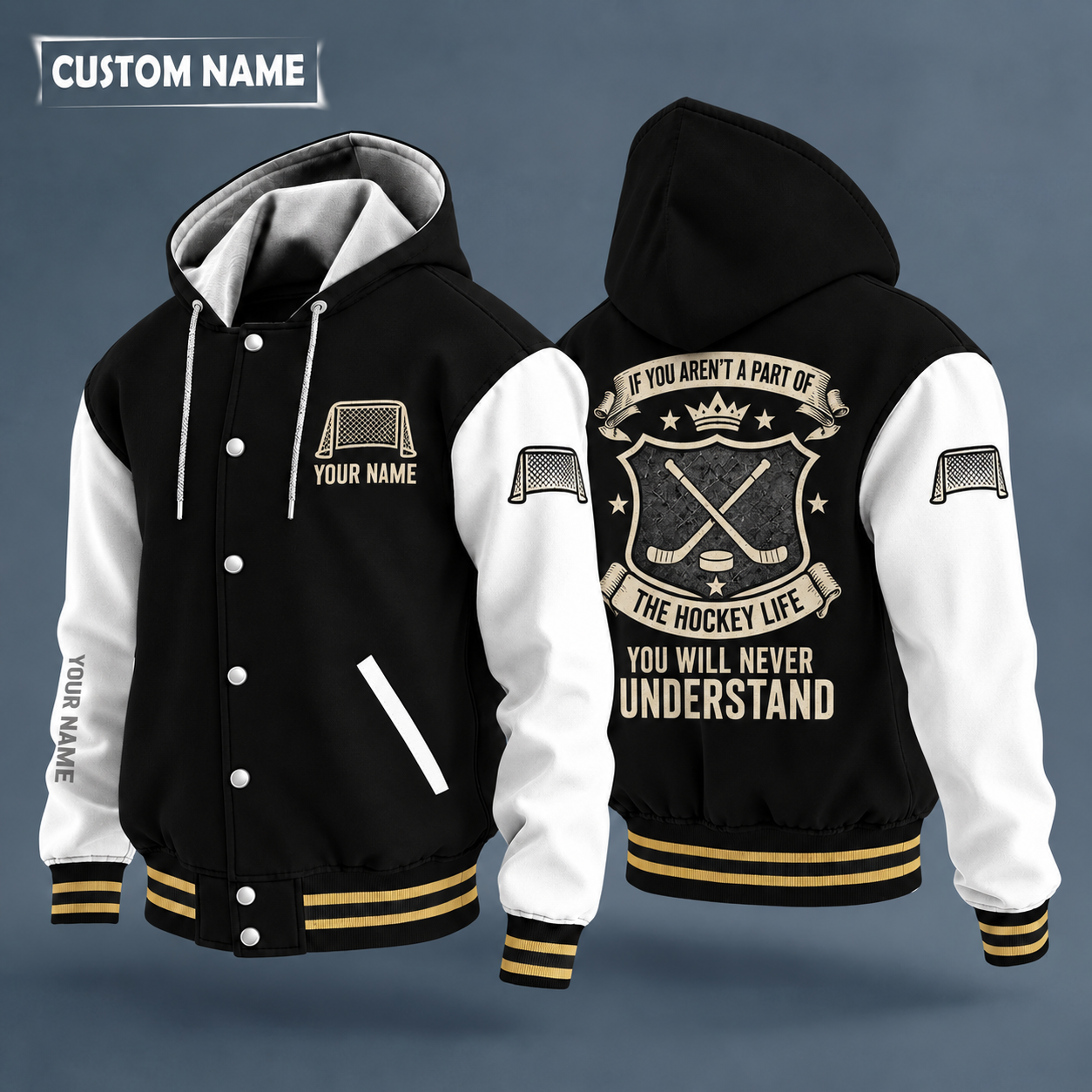 Hooded letterman jacket with white sleeves, puck and crossed hockey sticks with curved blades on the back, "HOCKEY" lettering and a custom name on the chest under a small icon