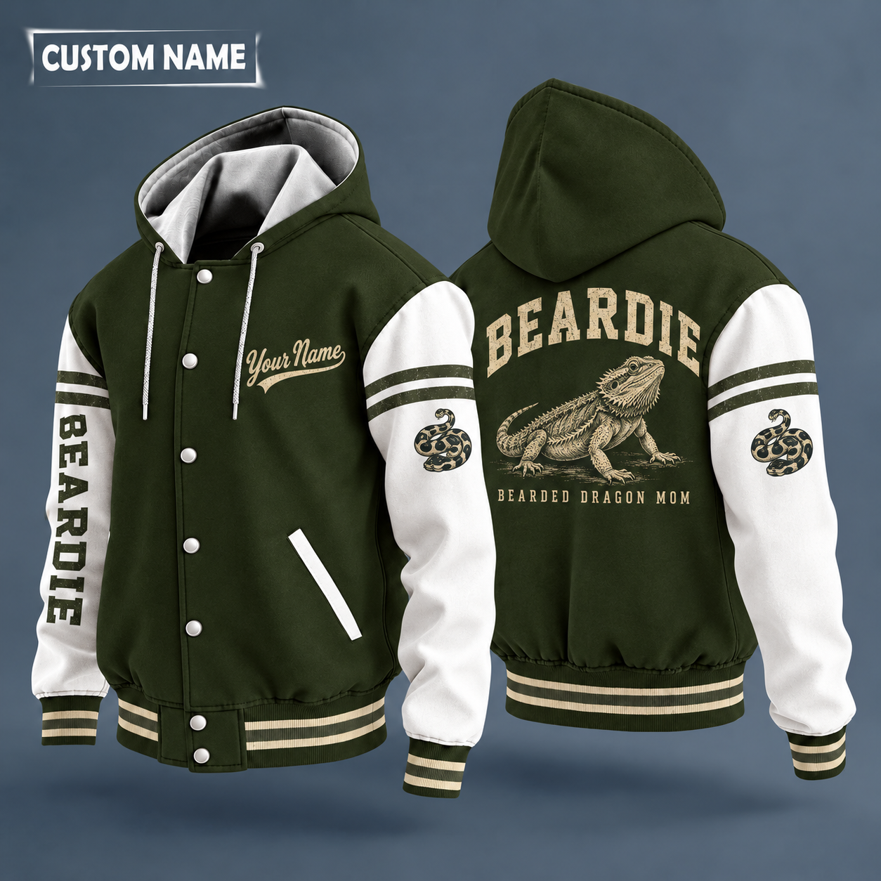 Hooded letterman jacket with white sleeves, bearded dragon on the back, "BEARDIE" lettering and a custom name in script on the chest