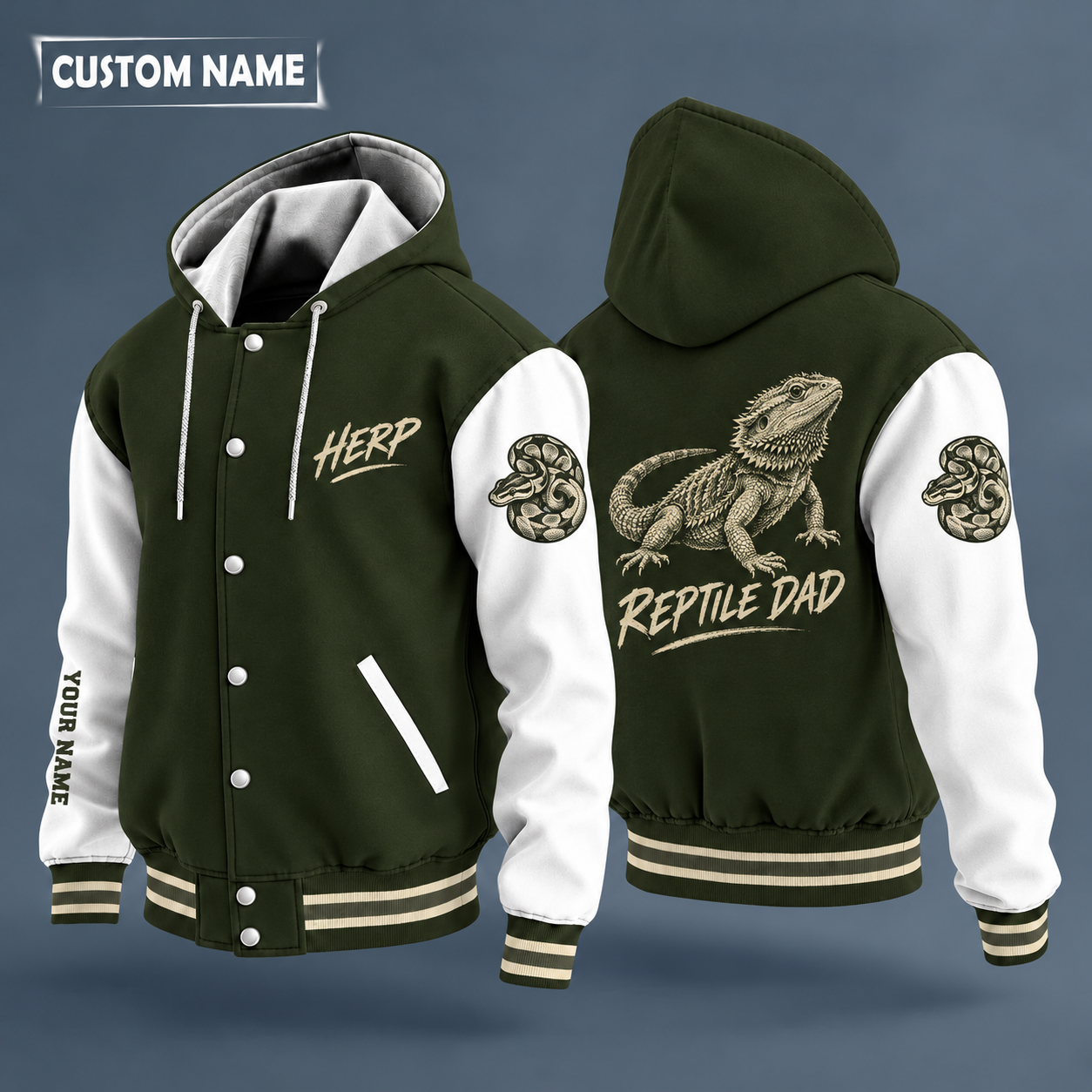 Hooded letterman jacket with white sleeves, bearded dragon on the back, "HERP" lettering and a custom name down one sleeve
