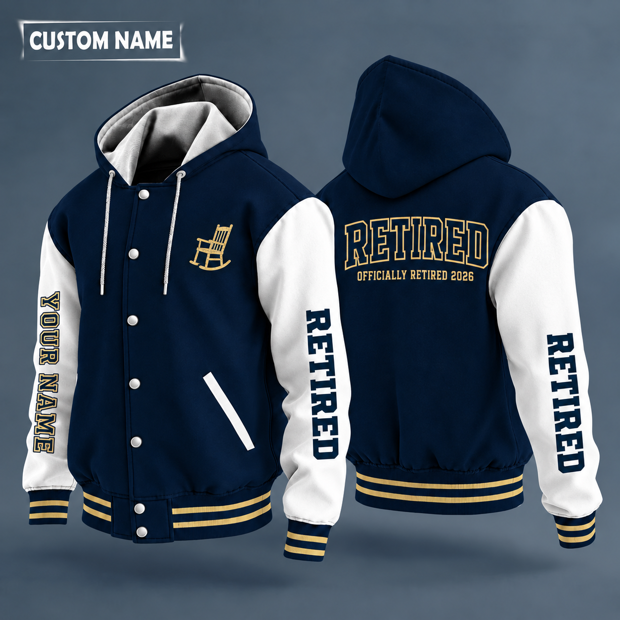 Hooded letterman jacket with white sleeves, laurel on the back, "RETIRED" lettering and a custom name down one sleeve in outlined capitals