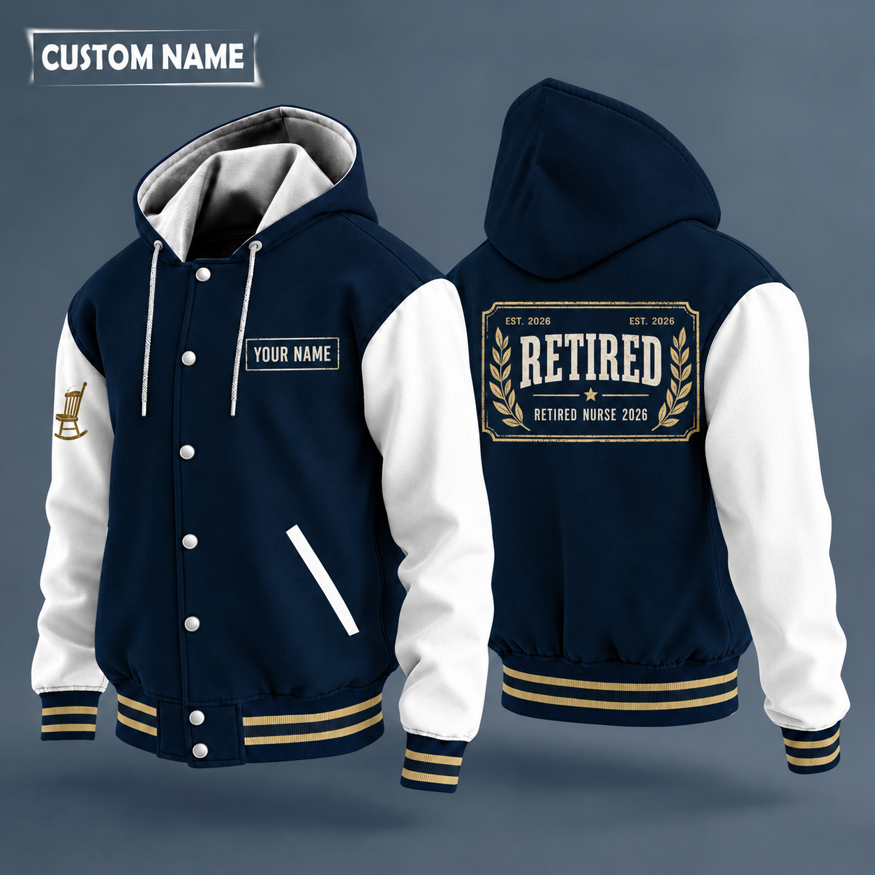 Hooded letterman jacket with white sleeves, laurel on the back, "RETIRED" lettering and a custom name on a work-shirt style name tag print on the chest